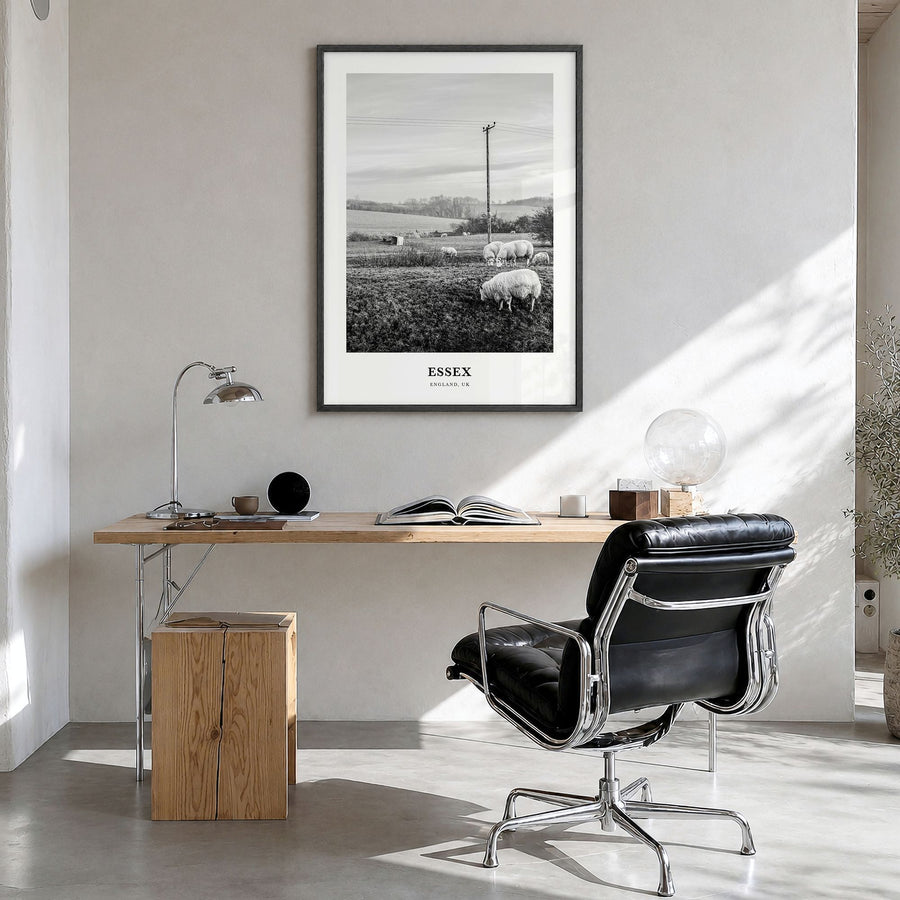 Essex Classic Poster in a black wood frame, hanging in a bright home office