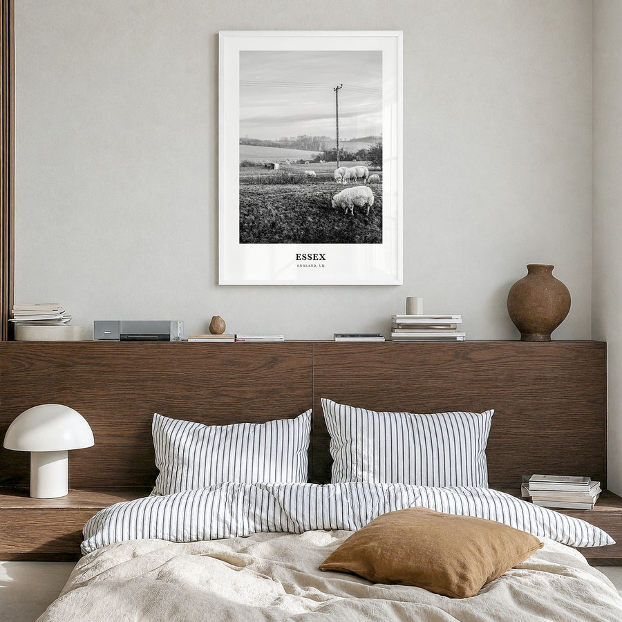 Essex Classic Poster in a white wood frame, hanging in a bedroom