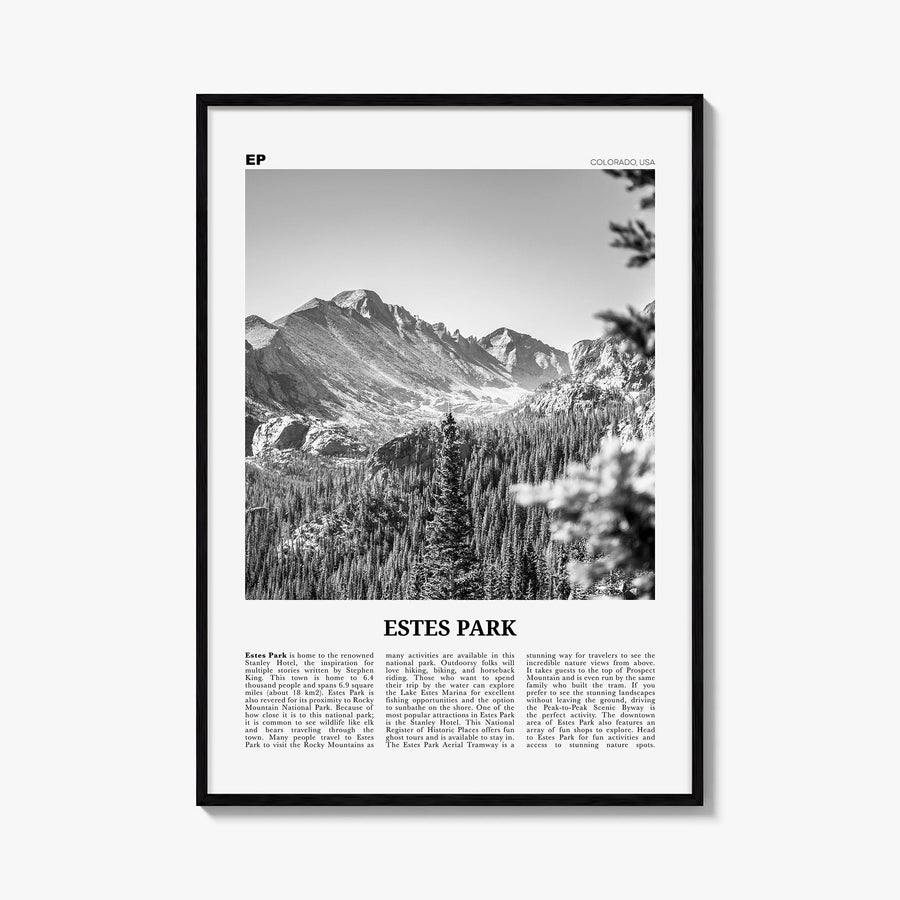 Estes Park black & white newspaper poster of Colorado, USA – vertical wall art, unframed print shown in interior mockup