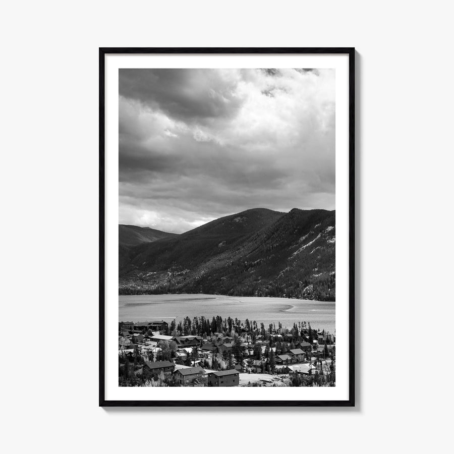 Estes Park black & white photo poster of Colorado, USA – vertical wall art, unframed print shown in interior mockup