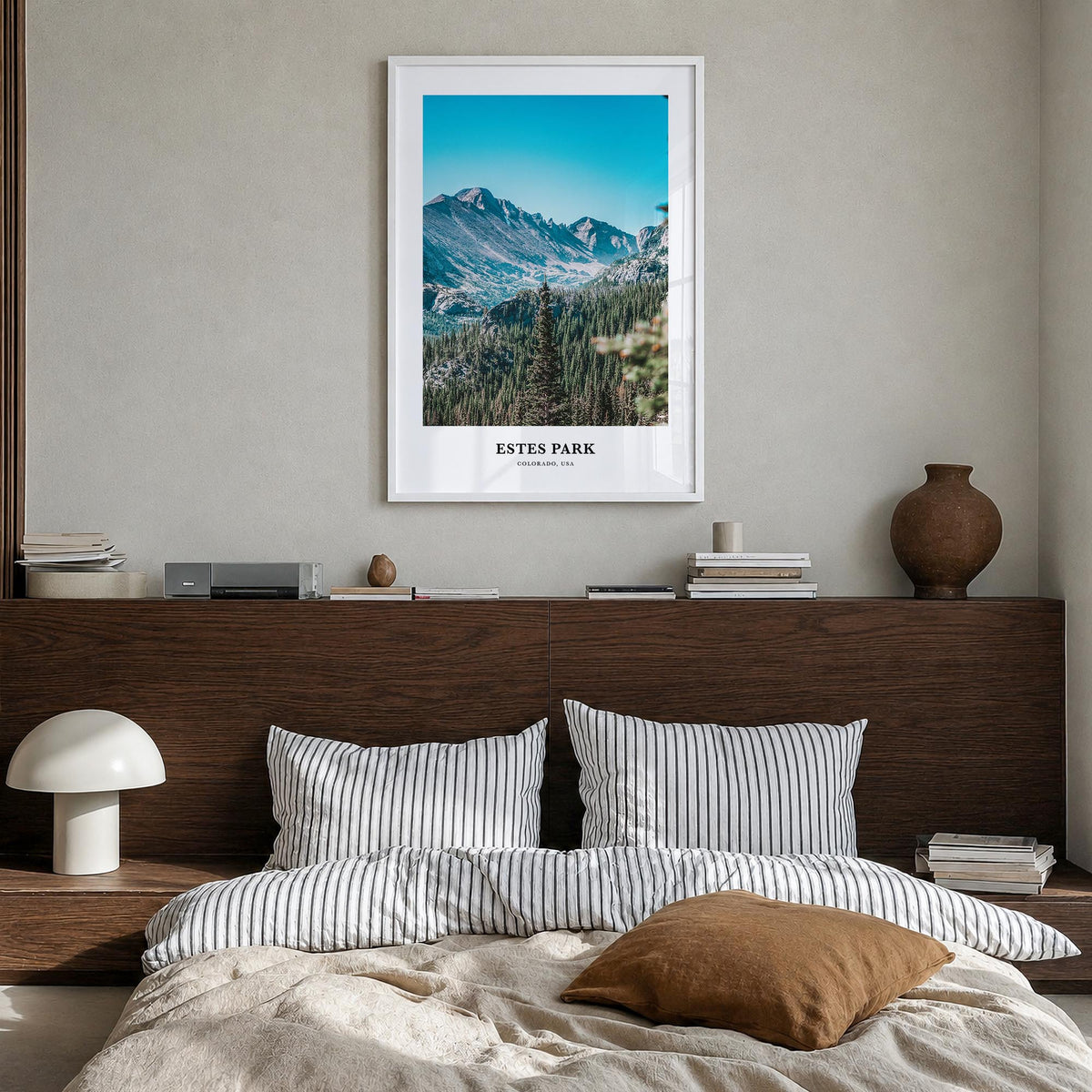 Estes Park colorful classic poster of Colorado, USA – vertical wall art in white wood frame, hanging on wall