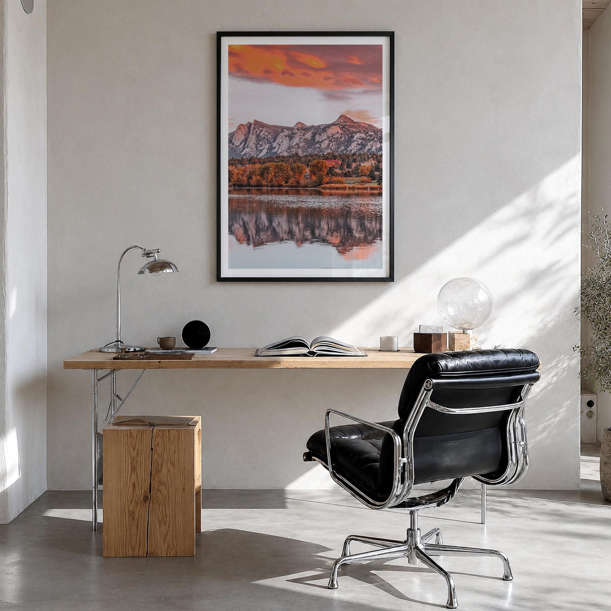 Estes Park colorful photo poster of Colorado, USA – vertical wall art in black wood frame with white border, hanging on wall
