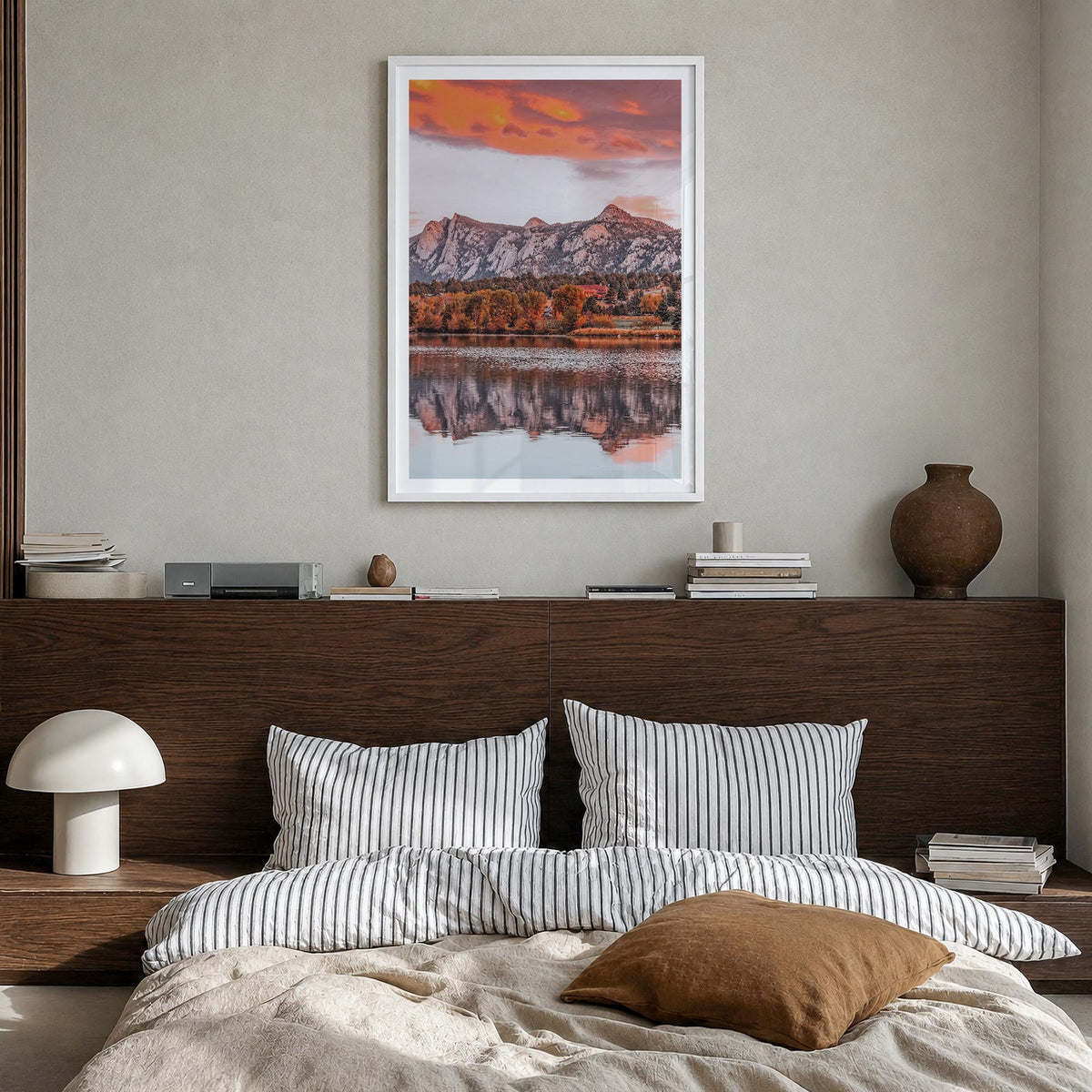 Estes Park colorful photo poster of Colorado, USA – vertical wall art in white wood frame with white border, hanging on wall