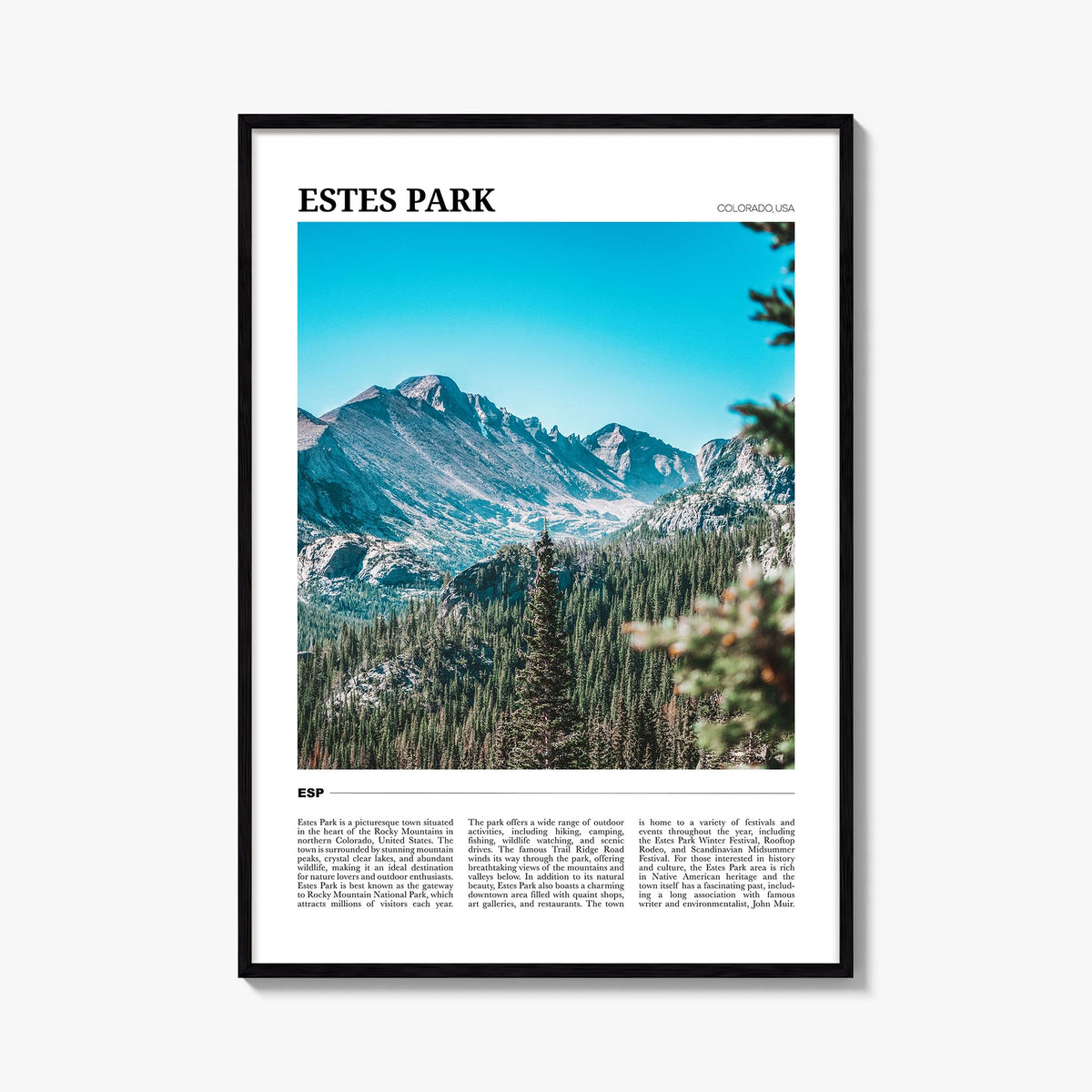 Estes Park colorful travel poster of Colorado, USA – vertical wall art, unframed print shown in interior mockup