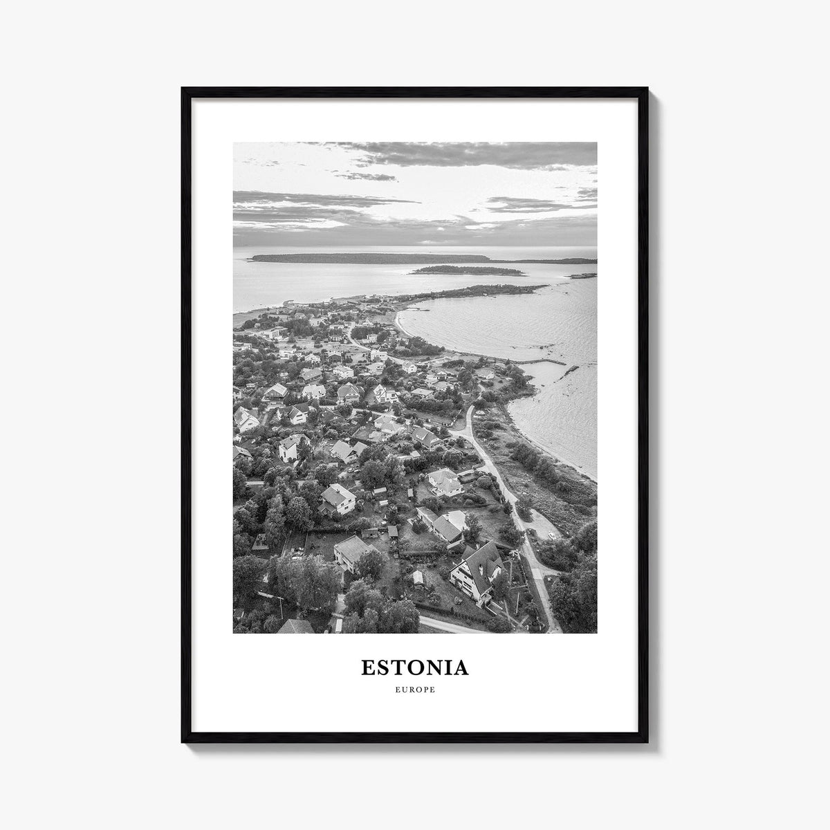 Estonia black & white classic poster of Europe – vertical wall art, unframed print shown in interior mockup