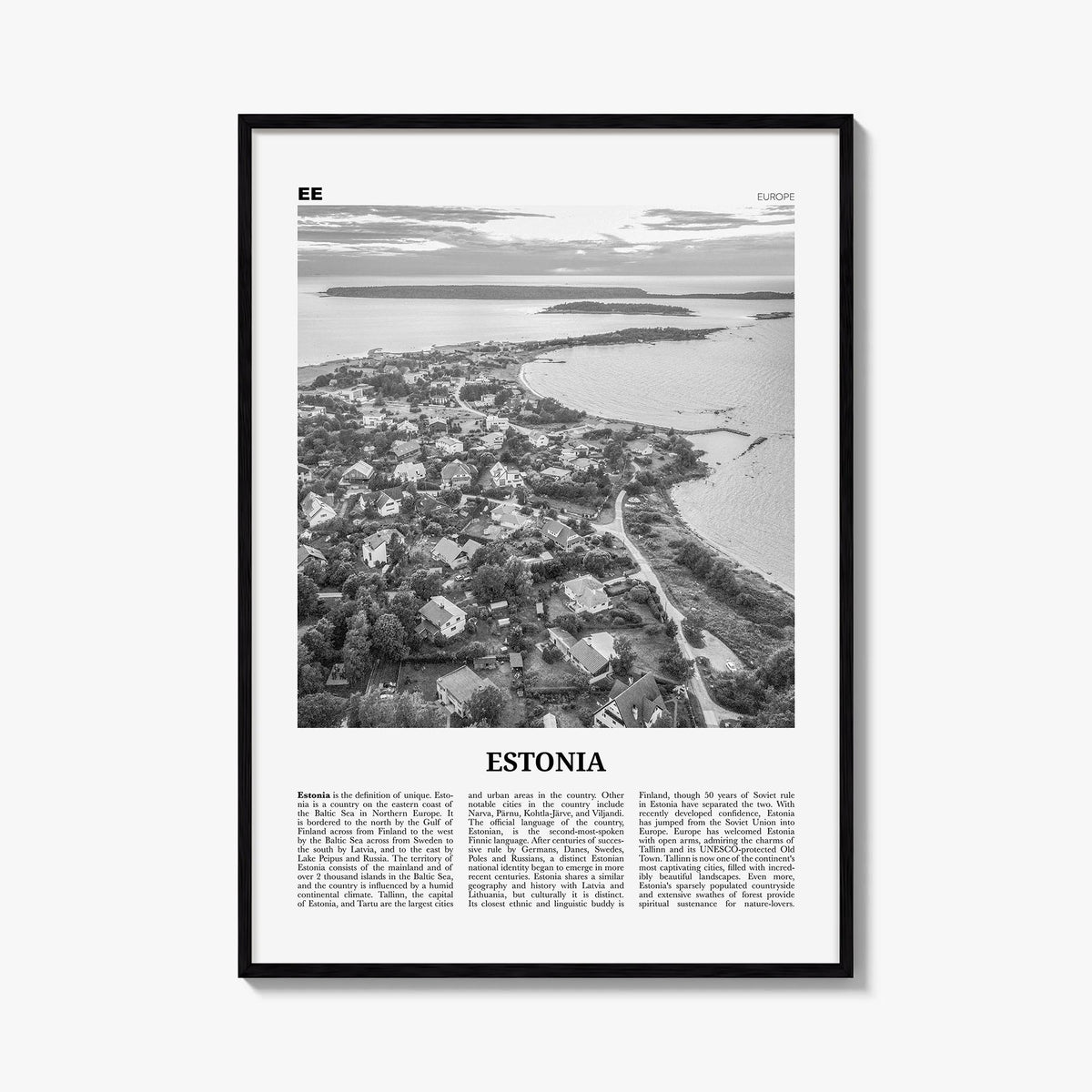 Estonia black & white newspaper poster of Europe – vertical wall art, unframed print shown in interior mockup
