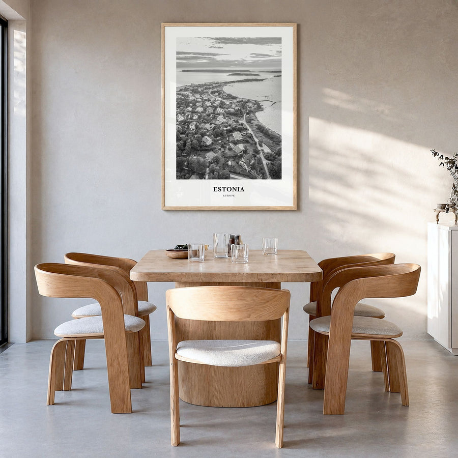 Estonia Classic Poster in a natural wood frame, hanging in a dining room