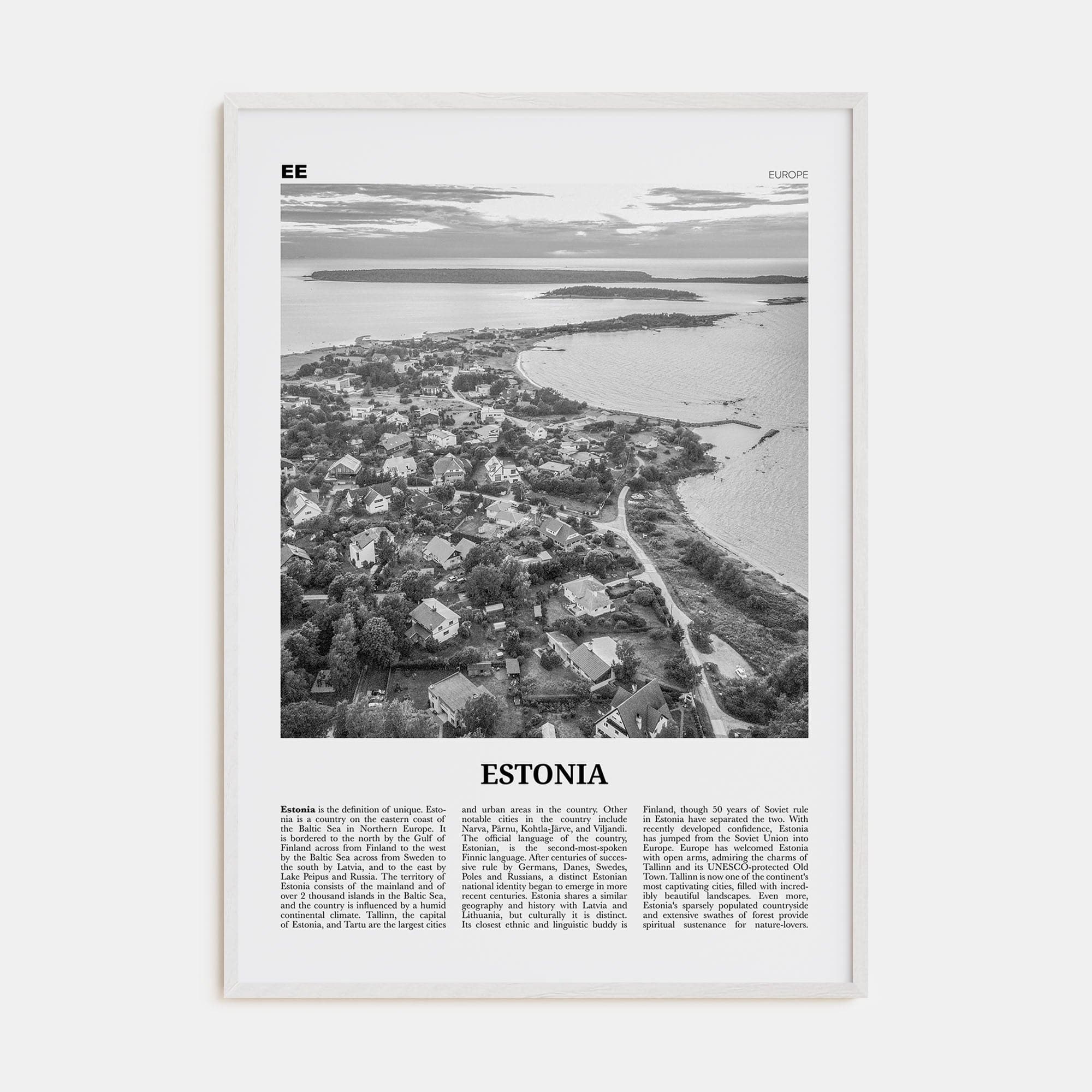 Estonia Poster White Wood / 8x12 in Nbourhood Travel B&W Poster