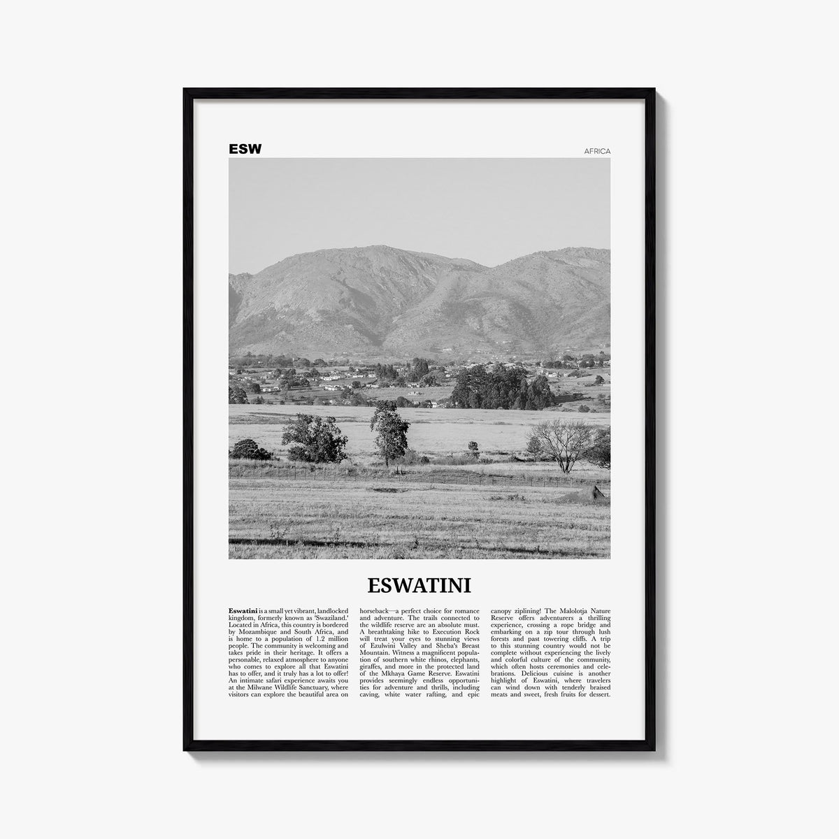 Eswatini black & white newspaper poster of Africa – vertical wall art, unframed print shown in interior mockup
