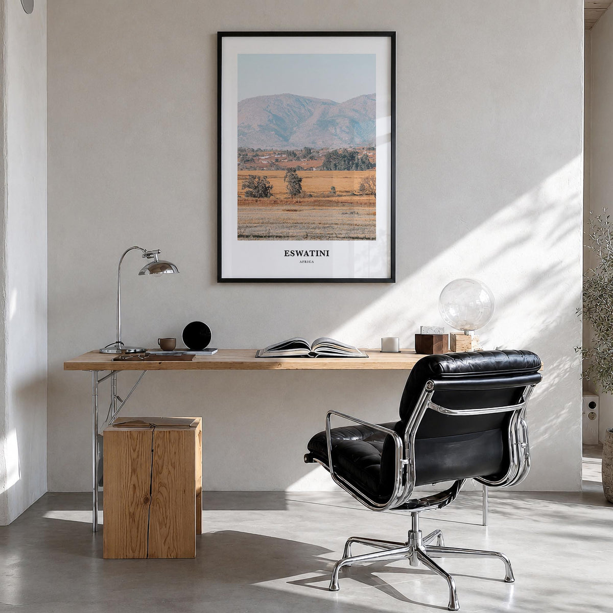 Eswatini colorful classic poster of Africa – vertical wall art in black wood frame, hanging on wall
