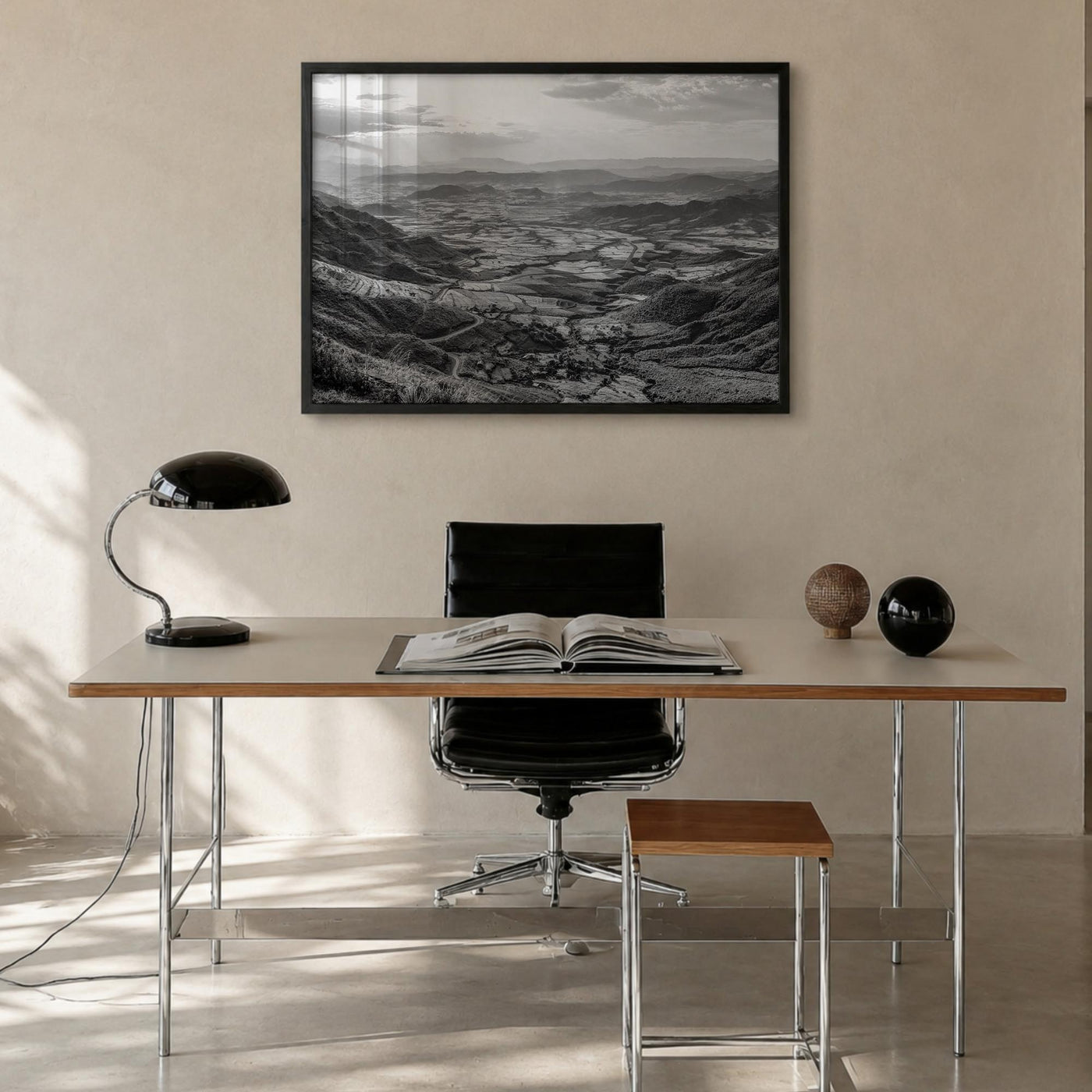 Ethiopia black & white photo poster of Africa – horizontal wall art in black wood frame, hanging on wall