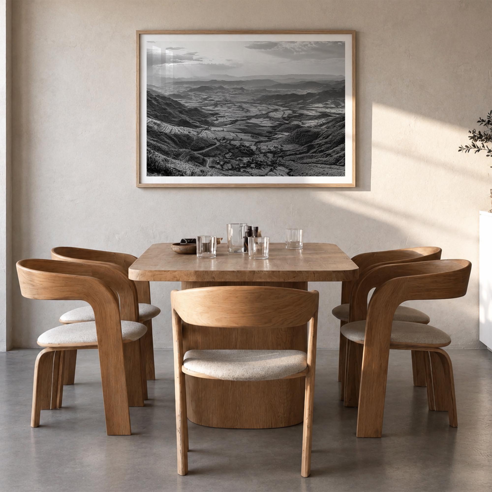 Ethiopia black & white photo poster of Africa – horizontal wall art in natural wood frame with white border, hanging on wall