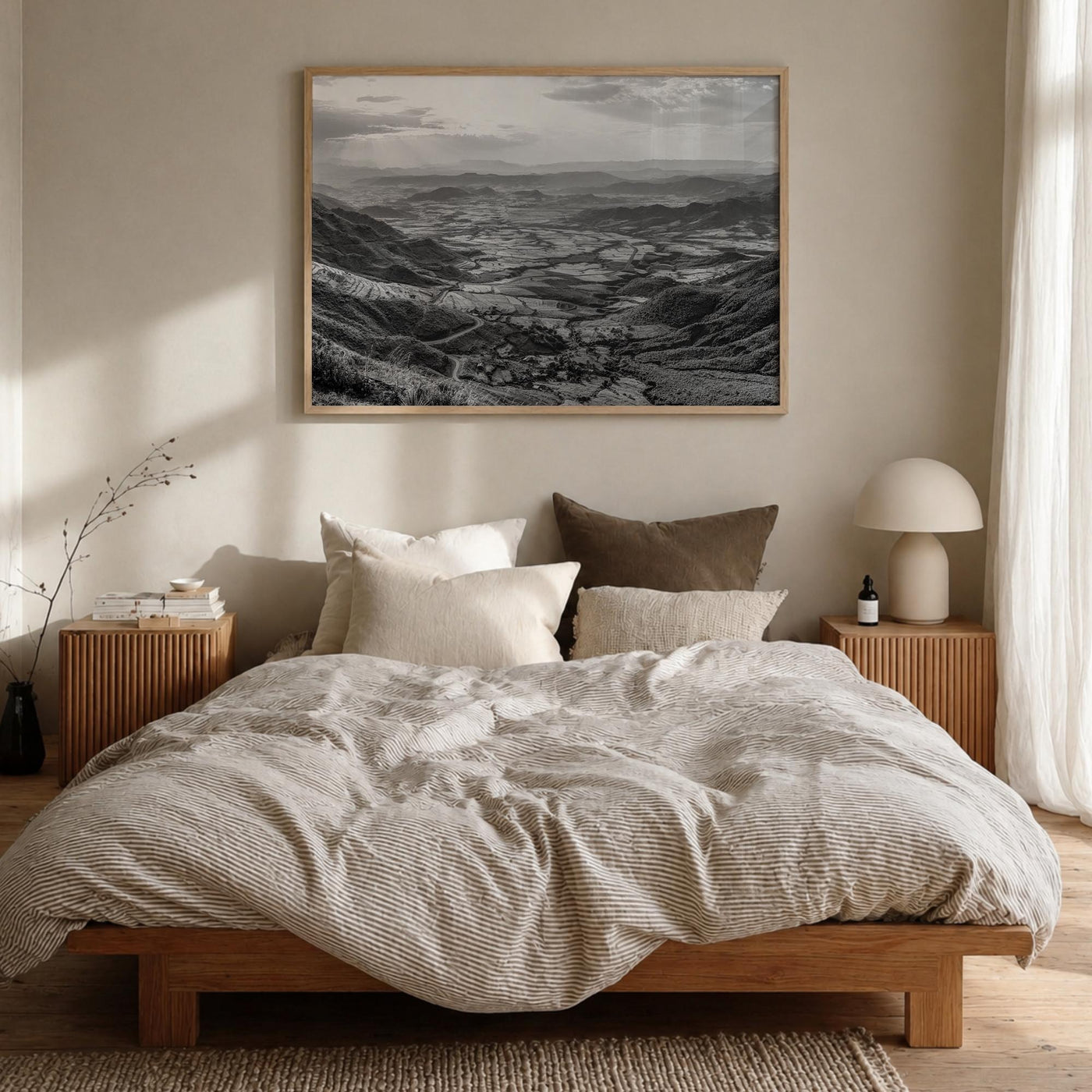 Ethiopia black & white photo poster of Africa – horizontal wall art in natural wood frame, hanging on wall