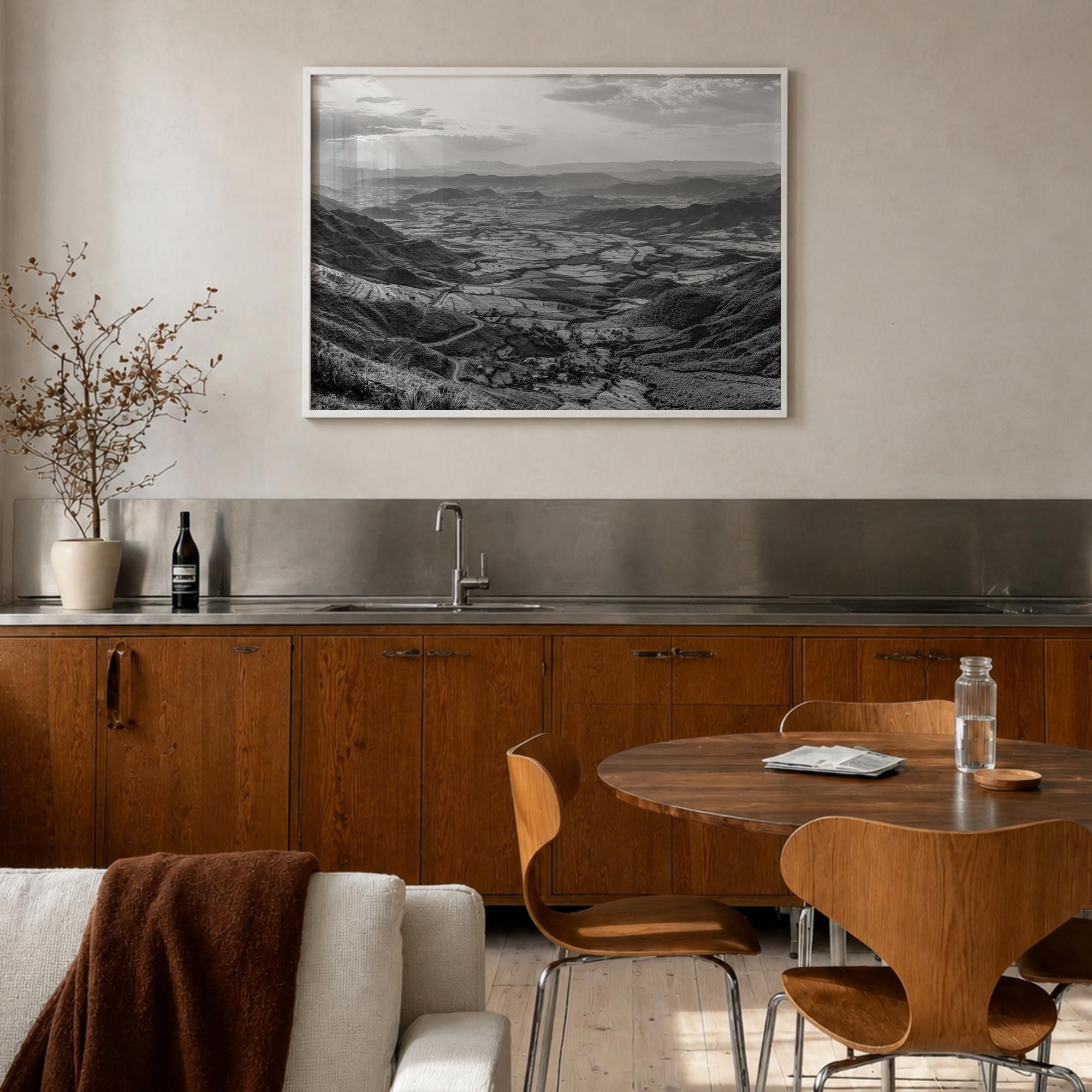 Ethiopia black & white photo poster of Africa – horizontal wall art in white wood frame, hanging on wall