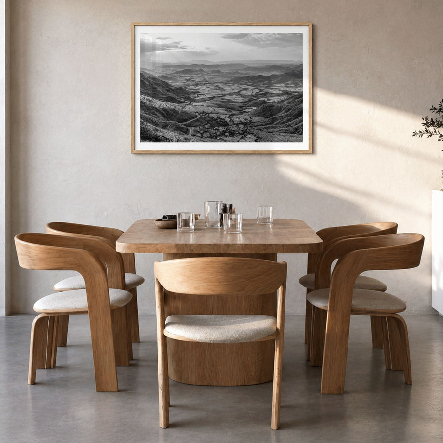 Ethiopia Photo Poster in a natural wood frame, hanging in a dining room, white border
