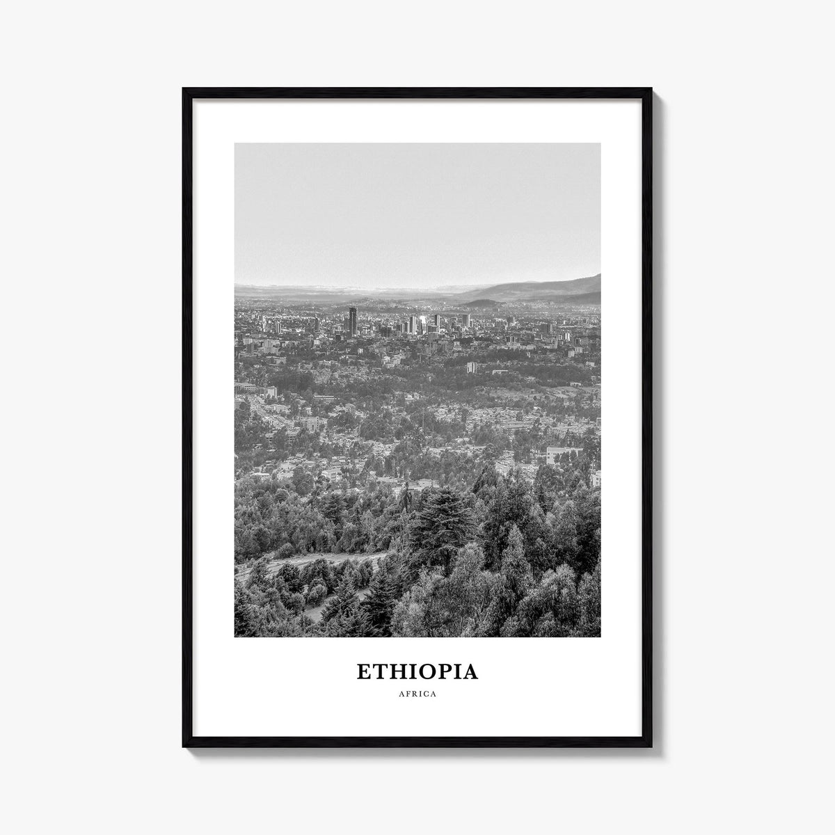 Ethiopia no. 2 black & white classic poster of Africa – vertical wall art, unframed print shown in interior mockup