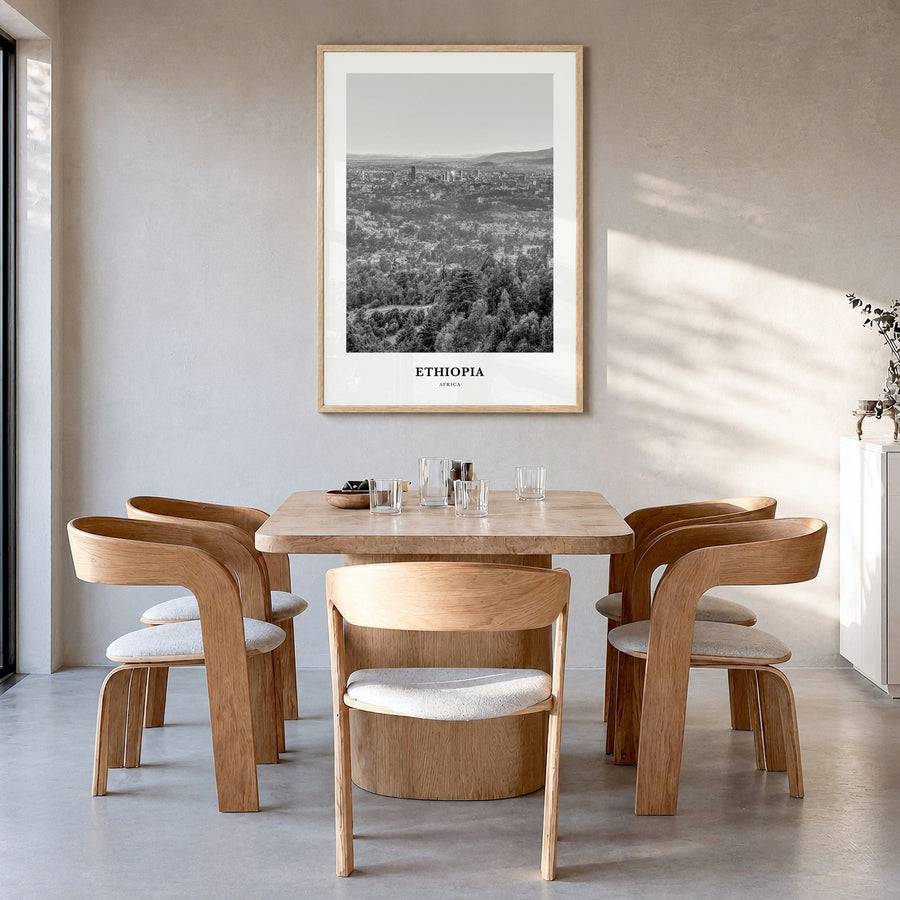 Ethiopia Classic No 2 Poster in a natural wood frame, hanging in a dining room