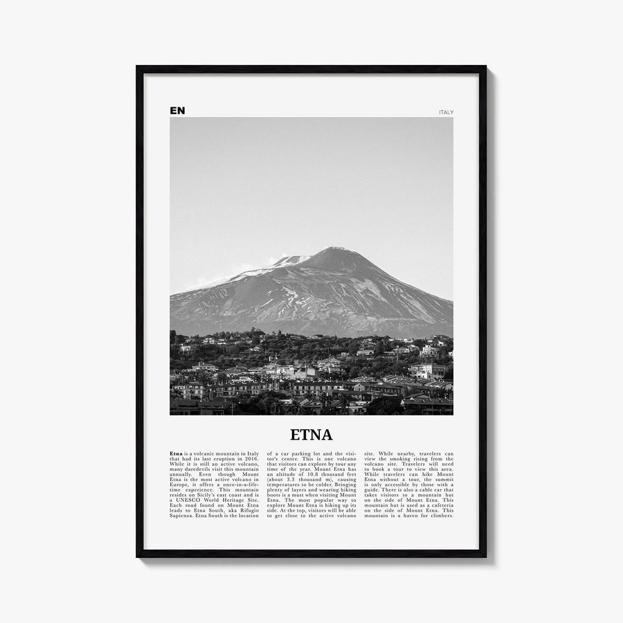 Etna black & white newspaper poster of Italy – vertical wall art, unframed print shown in interior mockup