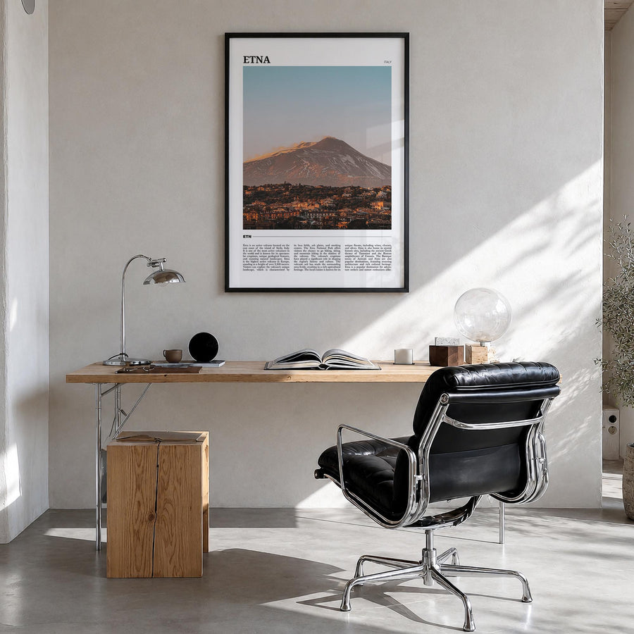 Etna colorful travel poster of Italy – vertical wall art in black wood frame, hanging on wall