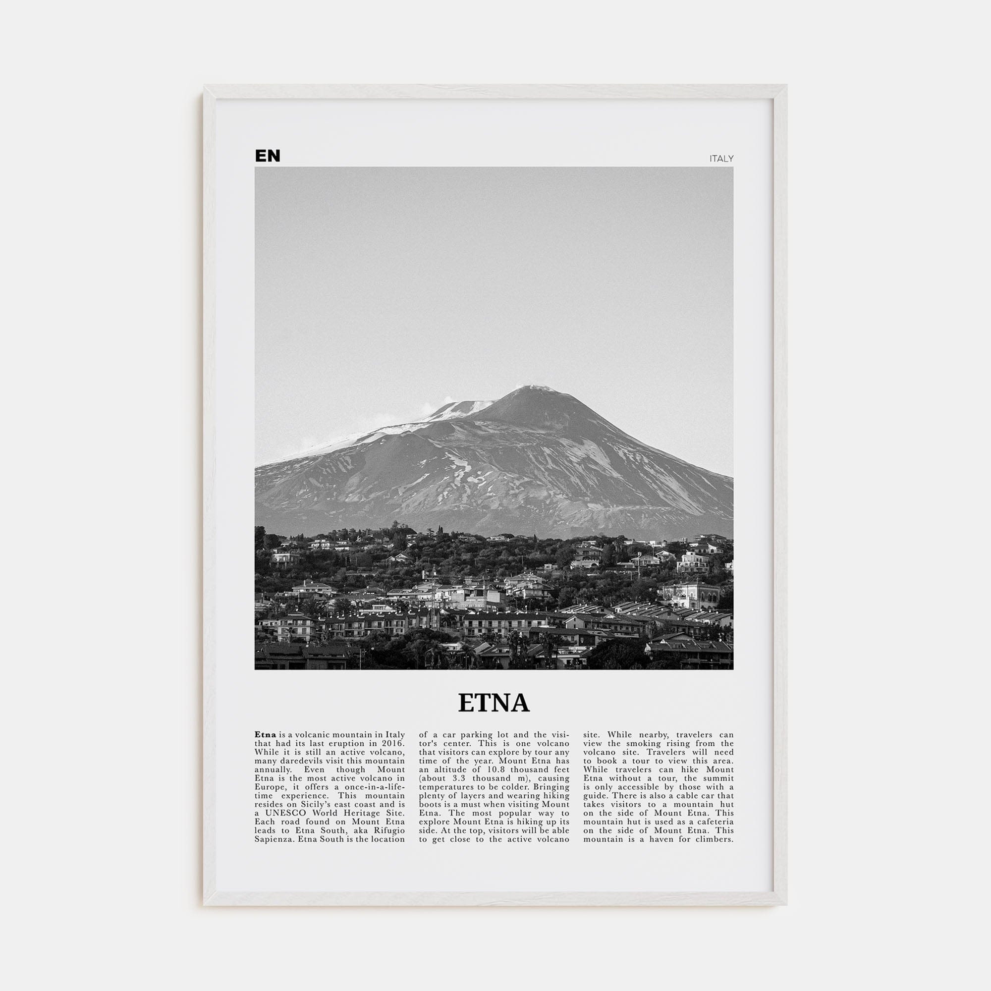 Etna Poster White Wood / 8x12 in Nbourhood Travel B&W Poster