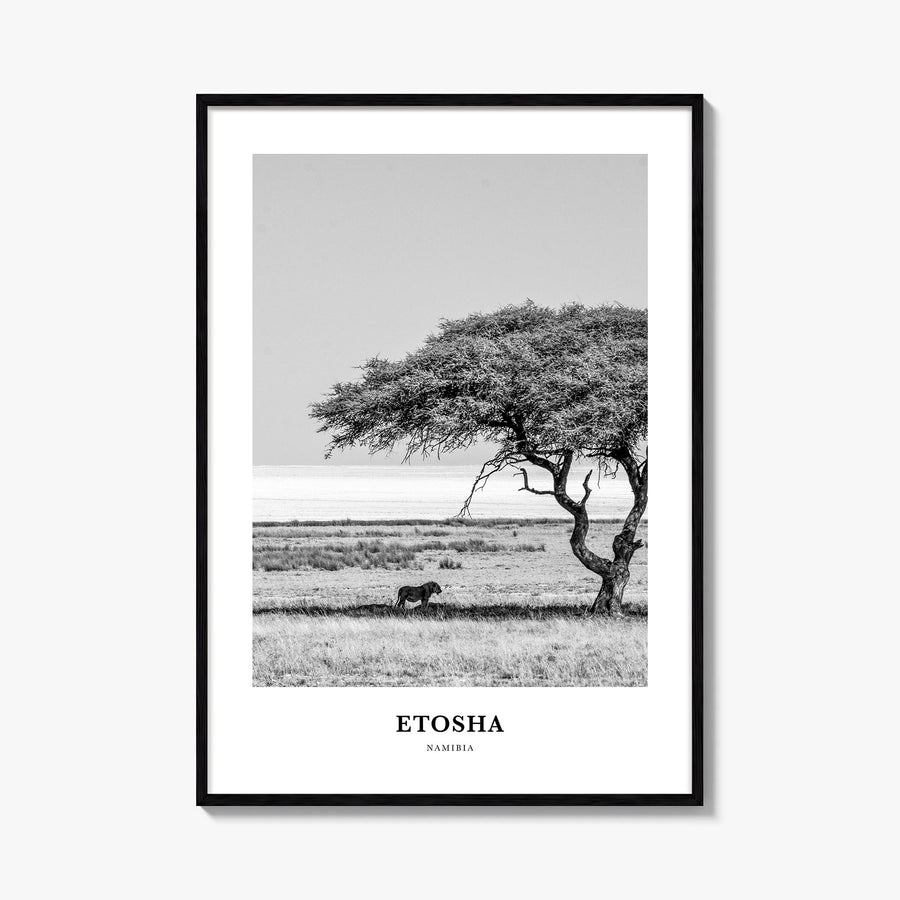 Etosha National Park black & white classic poster of Namibia – vertical wall art, unframed print shown in interior mockup