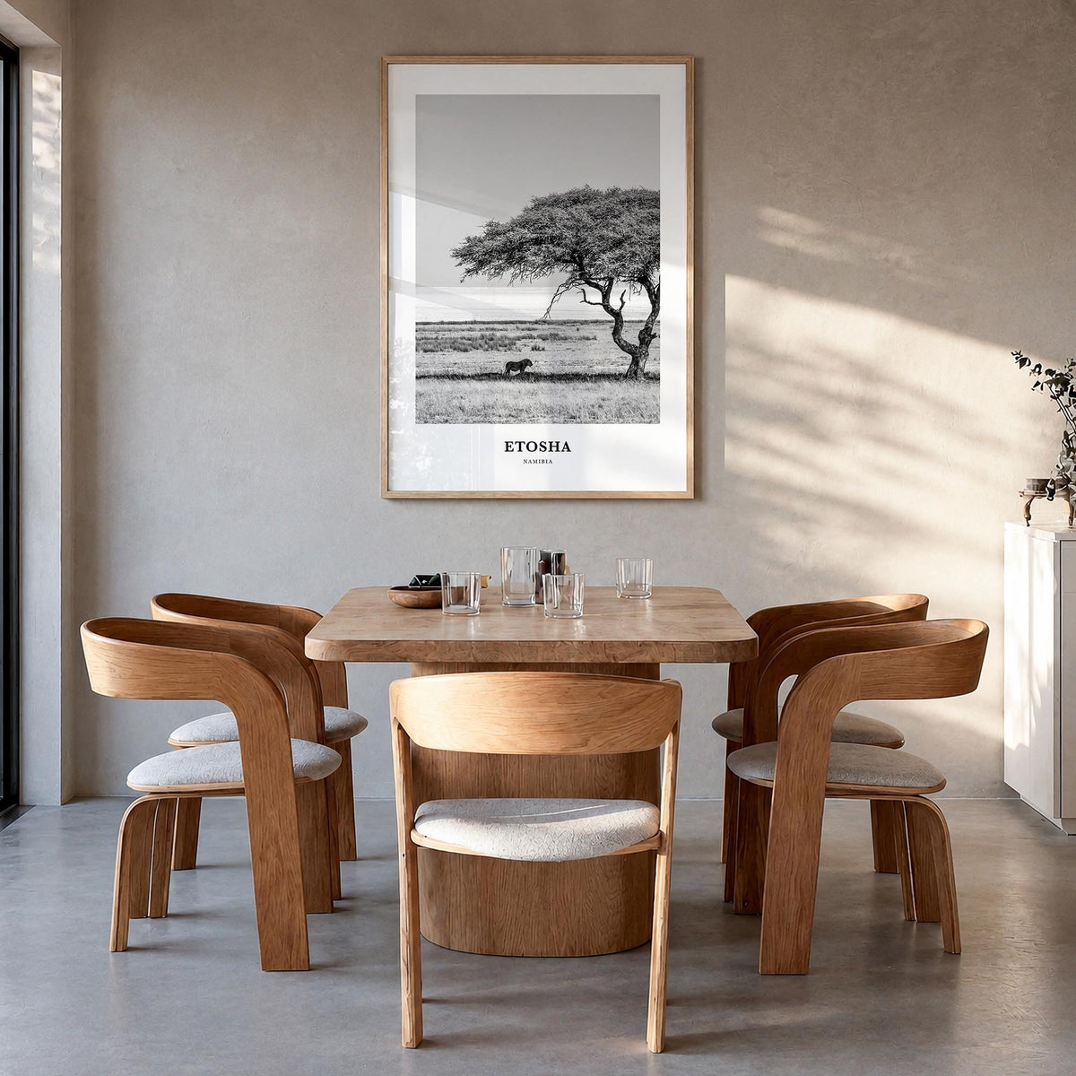 Etosha National Park black & white classic poster of Namibia – vertical wall art in natural wood frame, hanging on wall