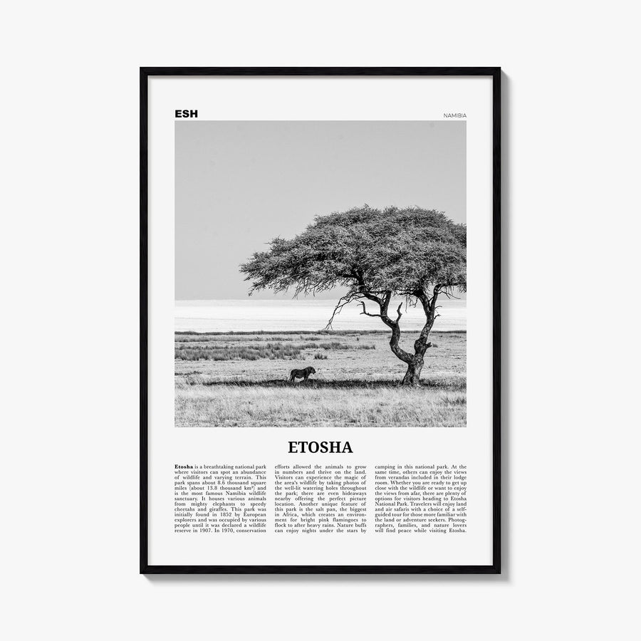 Etosha National Park black & white newspaper poster of Namibia – vertical wall art, unframed print shown in interior mockup