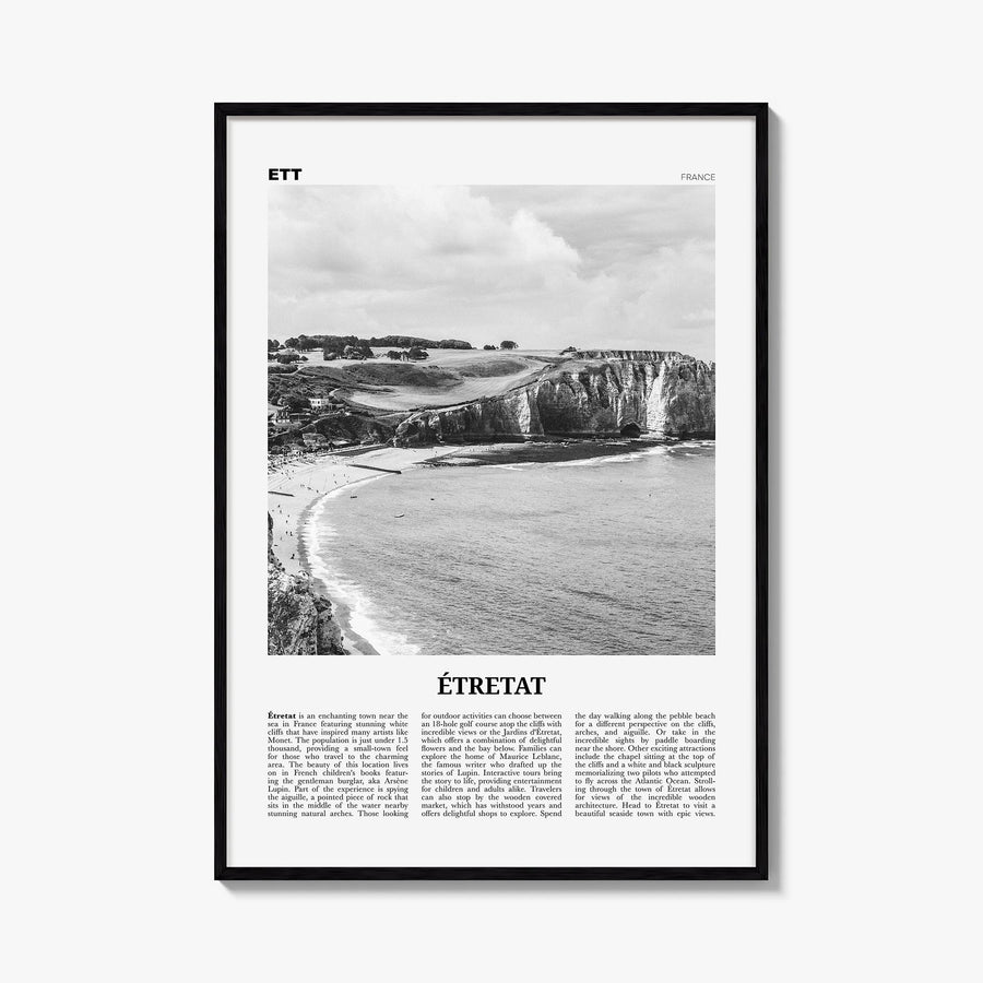 Étretat black & white newspaper poster of France – vertical wall art, unframed print shown in interior mockup