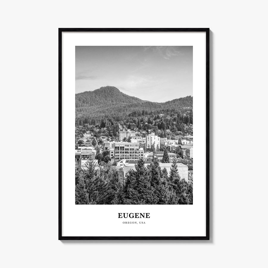 Eugene black & white classic poster of Oregon, USA – vertical wall art, unframed print shown in interior mockup