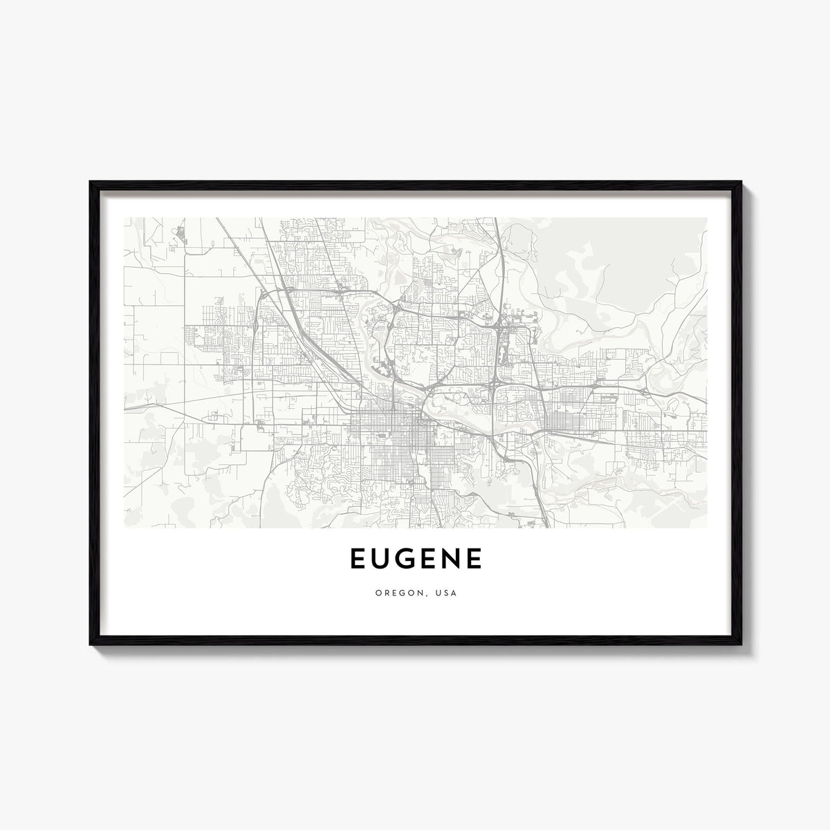 Eugene black & white map poster of Oregon, USA – horizontal wall art, unframed print shown in interior mockup