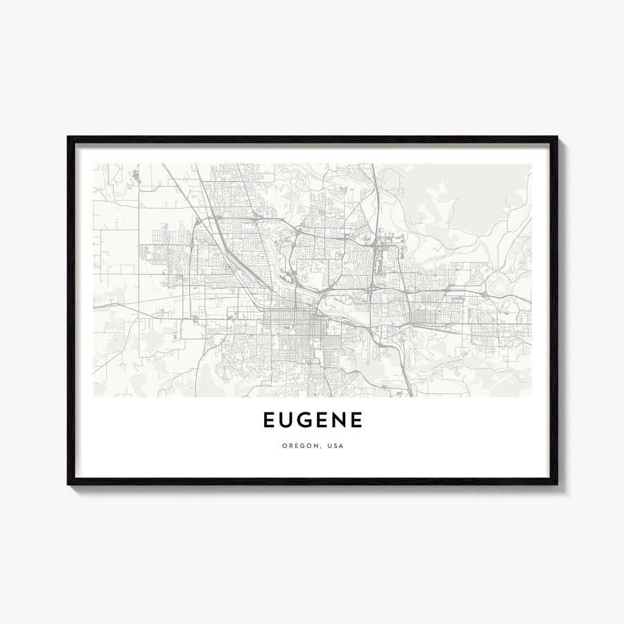 Eugene black & white map poster of Oregon, USA – horizontal wall art, unframed print shown in interior mockup