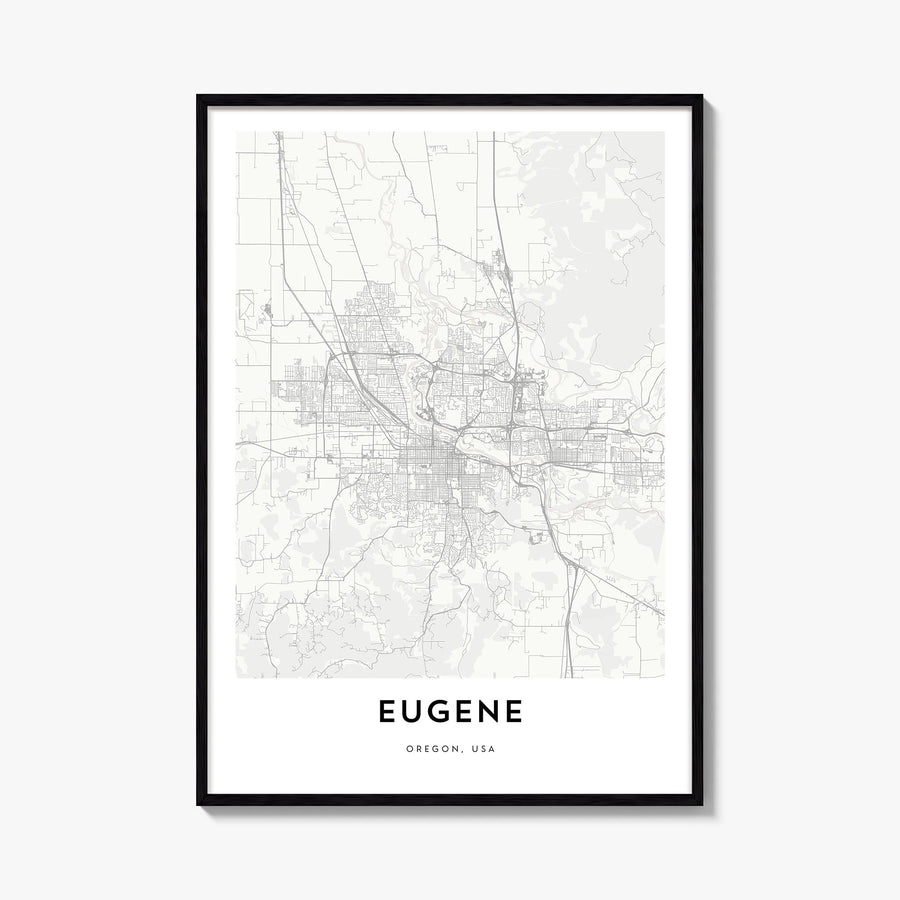Eugene black & white map poster of Oregon, USA – vertical wall art, unframed print shown in interior mockup