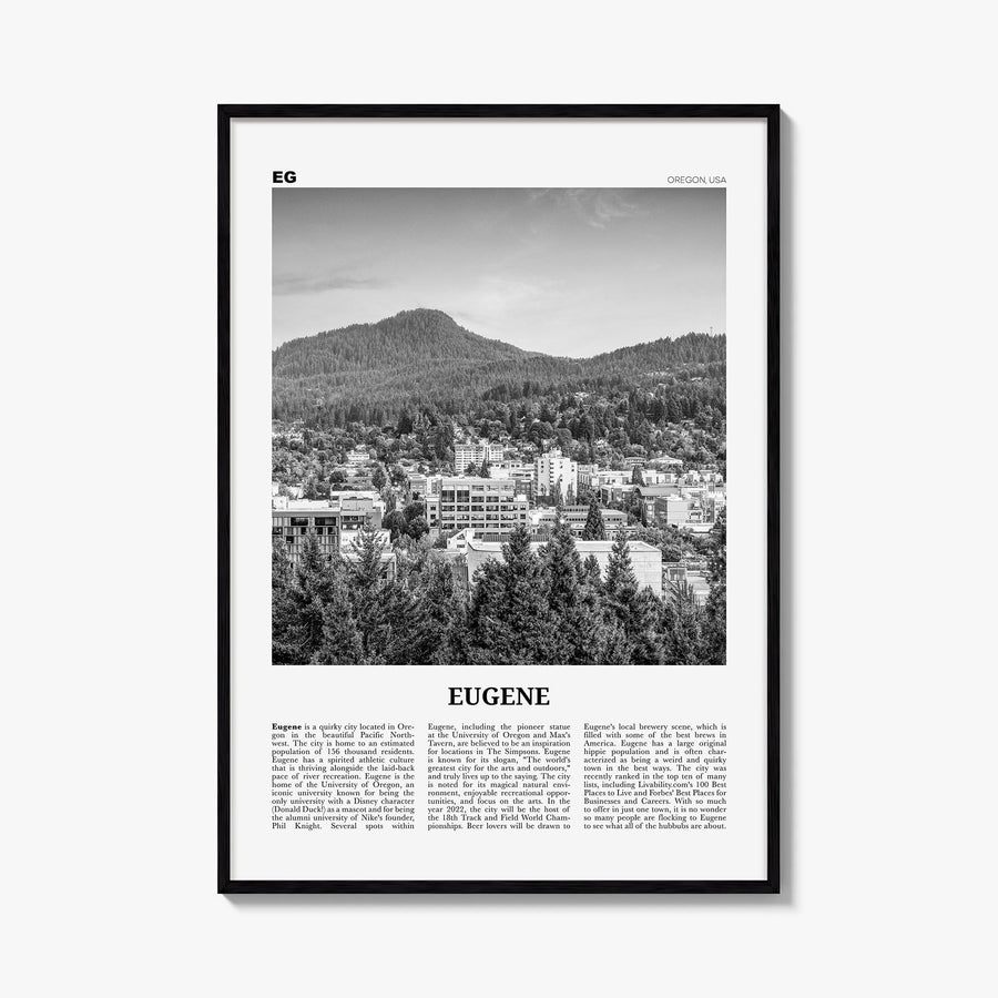 Eugene black & white newspaper poster of Oregon, USA – vertical wall art, unframed print shown in interior mockup