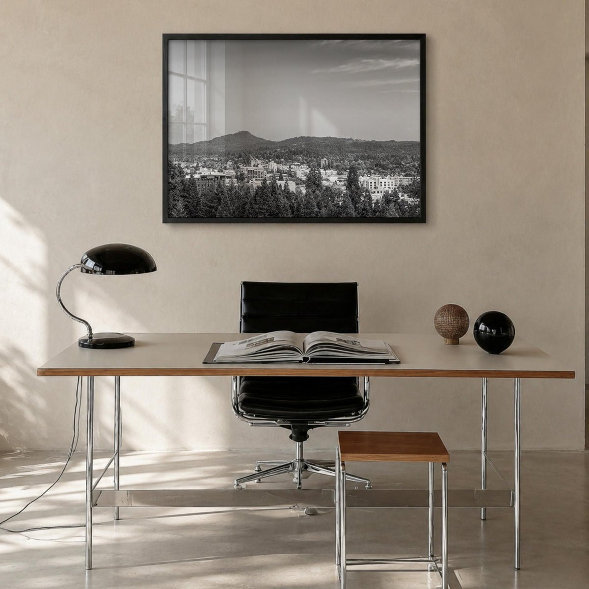 Eugene black & white photo poster of Oregon, USA – horizontal wall art in black wood frame, hanging on wall