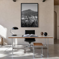 Eugene black & white photo poster of Oregon, USA – vertical wall art in black wood frame, hanging on wall