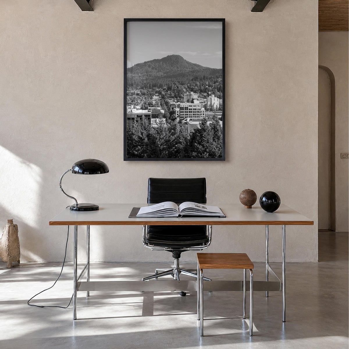 Eugene black & white photo poster of Oregon, USA – vertical wall art in black wood frame, hanging on wall