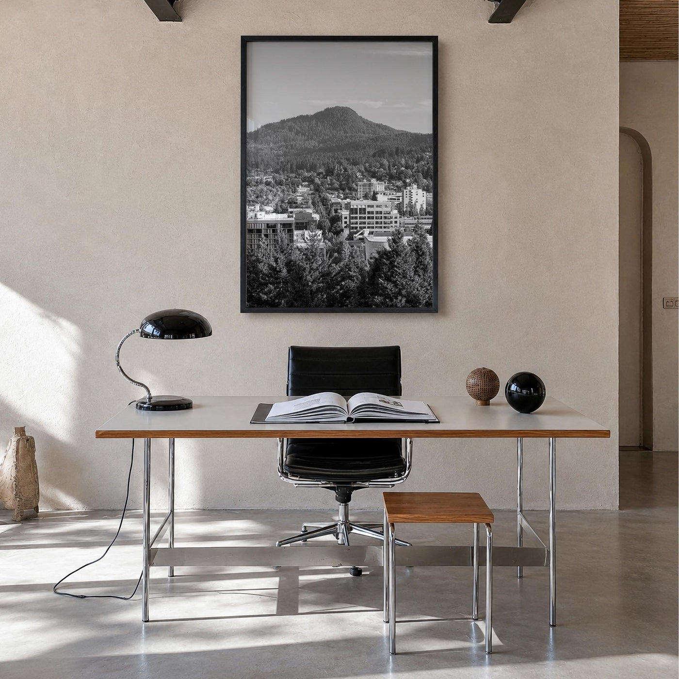 Eugene black & white photo poster of Oregon, USA – vertical wall art in black wood frame, hanging on wall