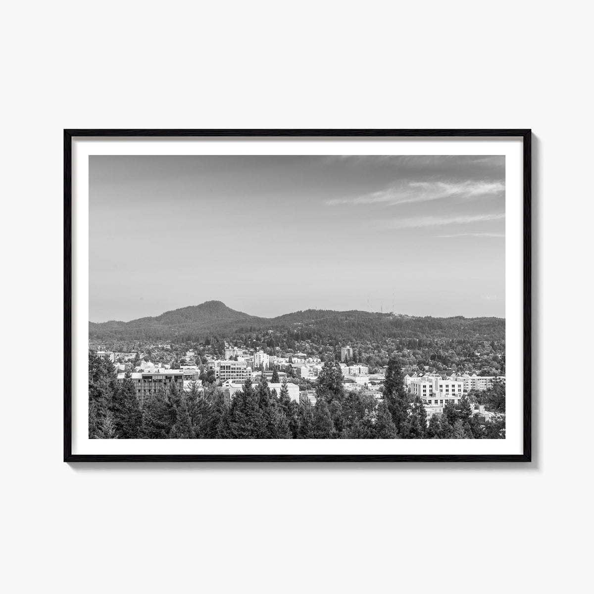 Eugene black & white photo poster of Oregon, USA – horizontal wall art, unframed print shown in interior mockup