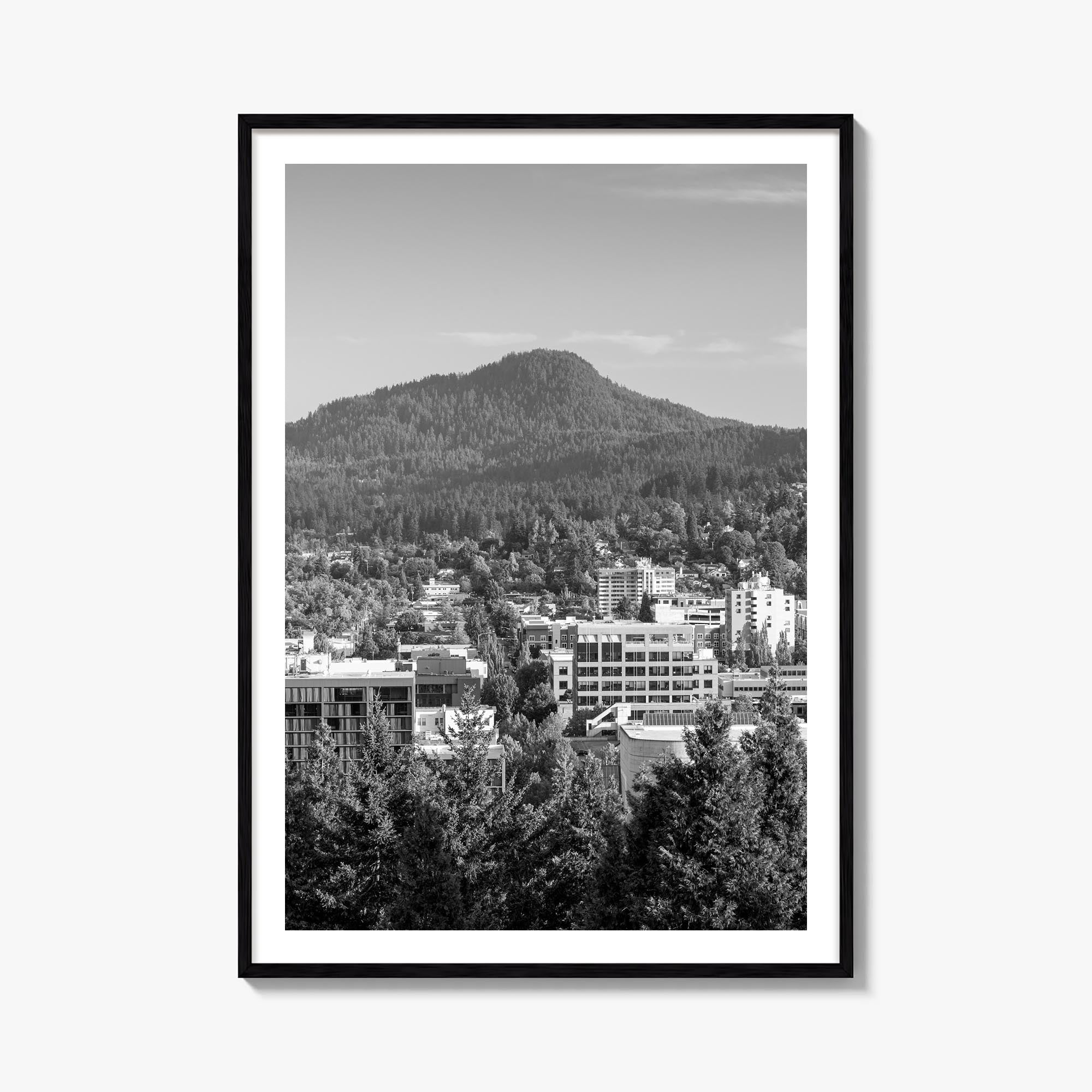 Eugene black & white photo poster of Oregon, USA – vertical wall art, unframed print shown in interior mockup