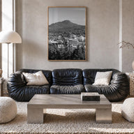 Eugene black & white photo poster of Oregon, USA – vertical wall art in natural wood frame, hanging on wall