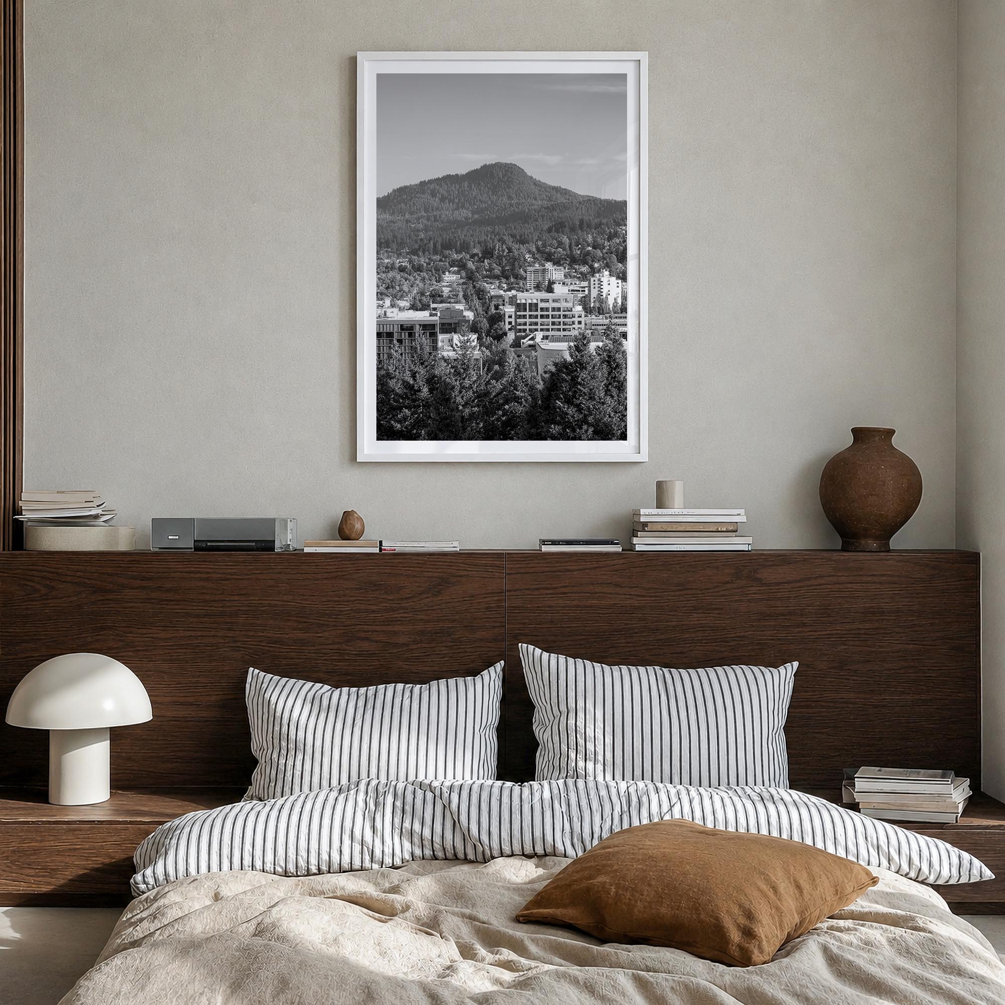 Eugene black & white photo poster of Oregon, USA – vertical wall art in white wood frame with white border, hanging on wall