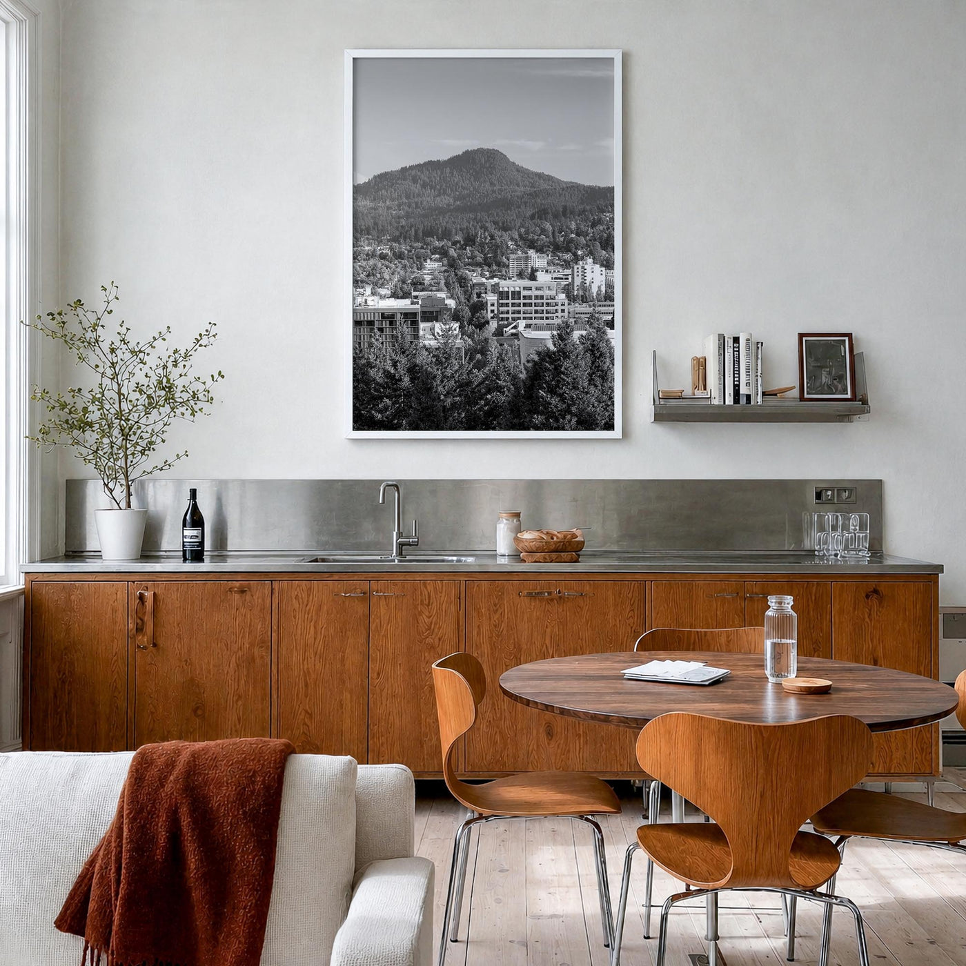 Eugene black & white photo poster of Oregon, USA – vertical wall art in white wood frame, hanging on wall