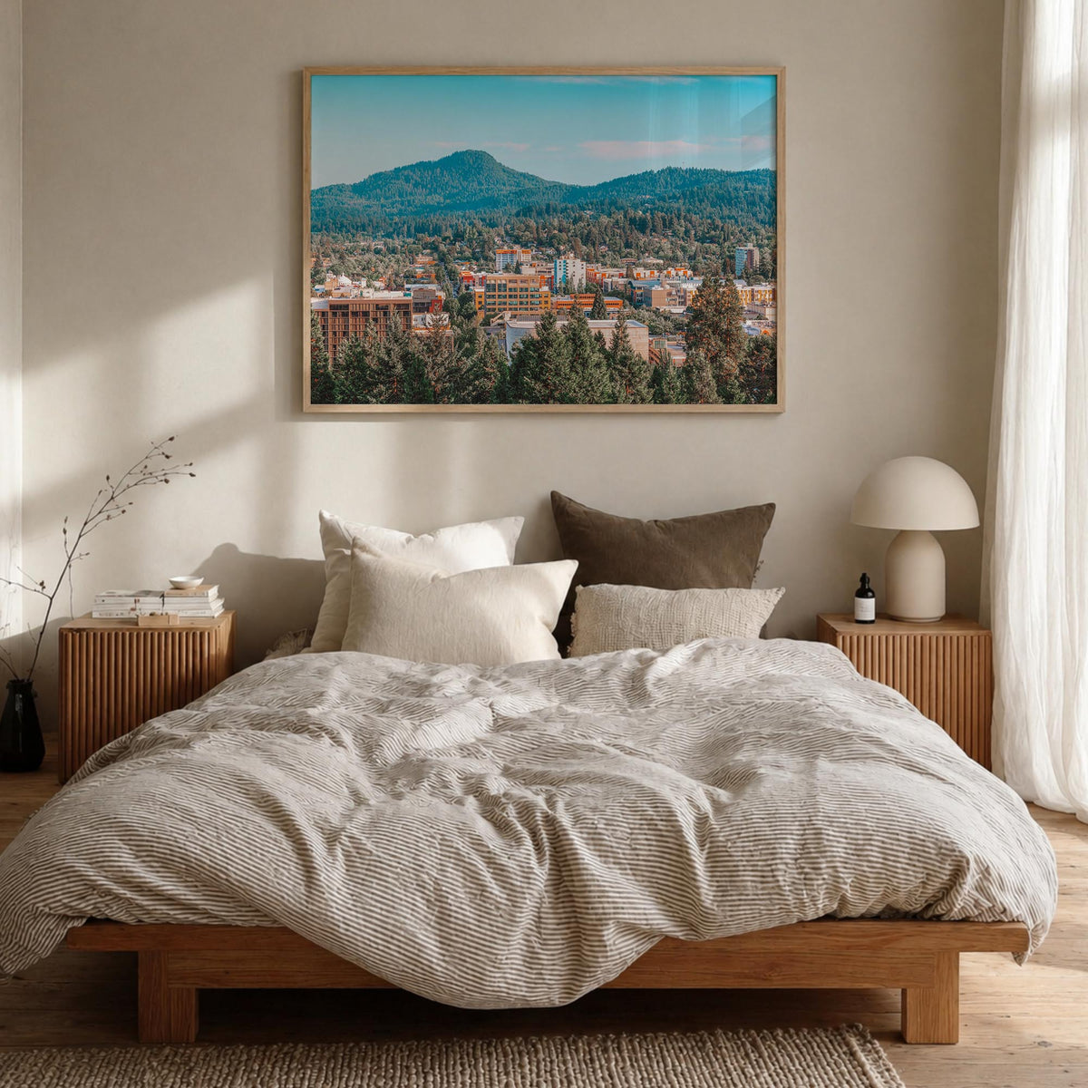 Eugene colorful photo poster of Oregon, USA – horizontal wall art in natural wood frame, hanging on wall