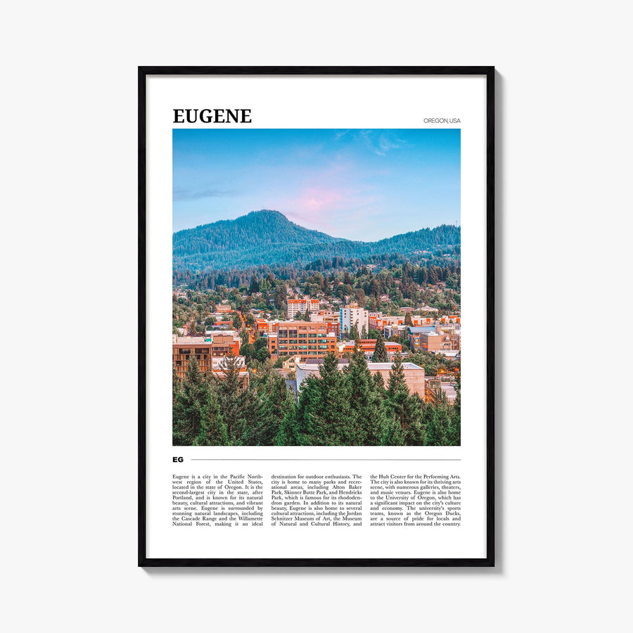 Eugene colorful travel poster of Oregon, USA – vertical wall art, unframed print shown in interior mockup