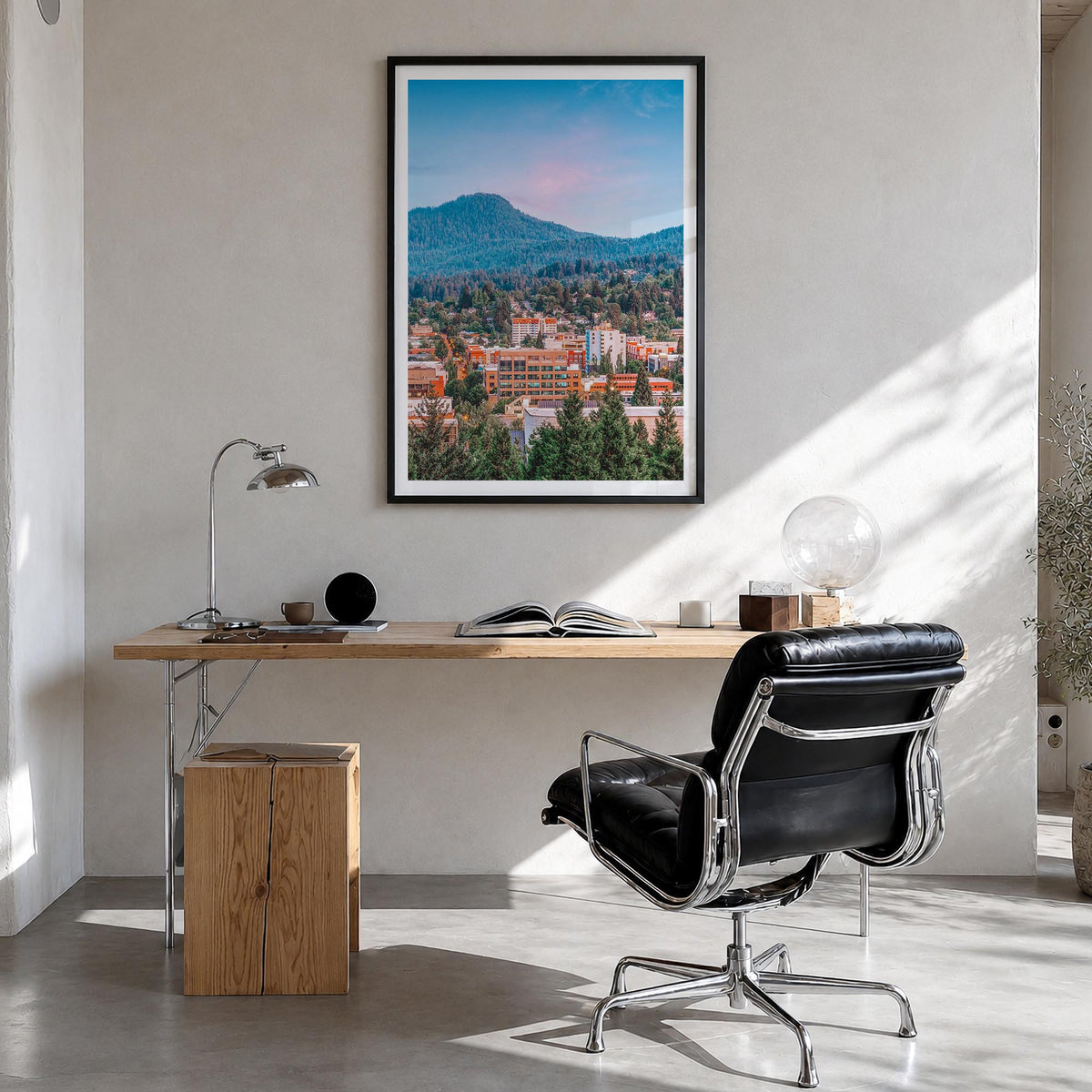 Eugene no. 1 colorful photo poster of Oregon, USA – vertical wall art in black wood frame with white border, hanging on wall