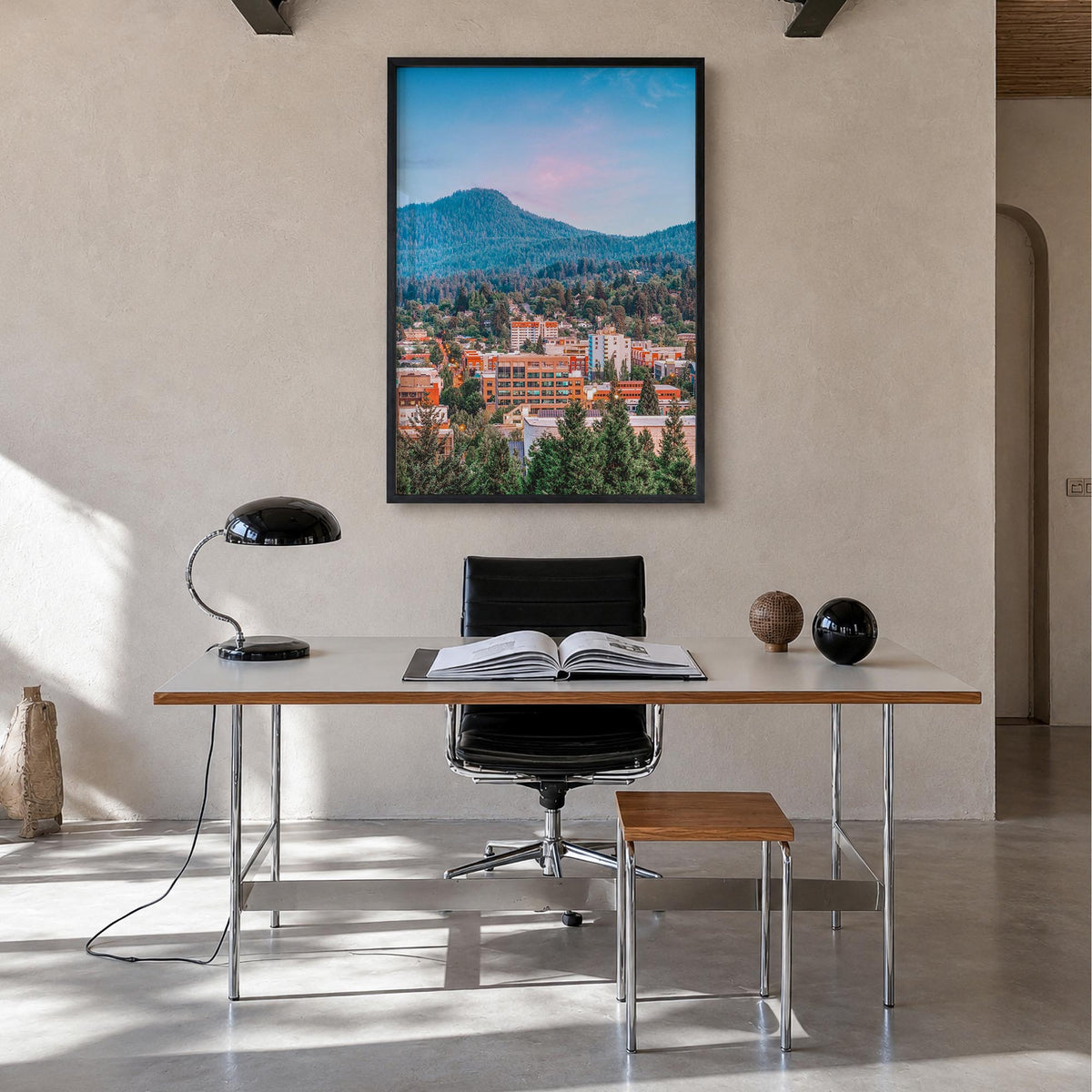 Eugene no. 1 colorful photo poster of Oregon, USA – vertical wall art in black wood frame, hanging on wall