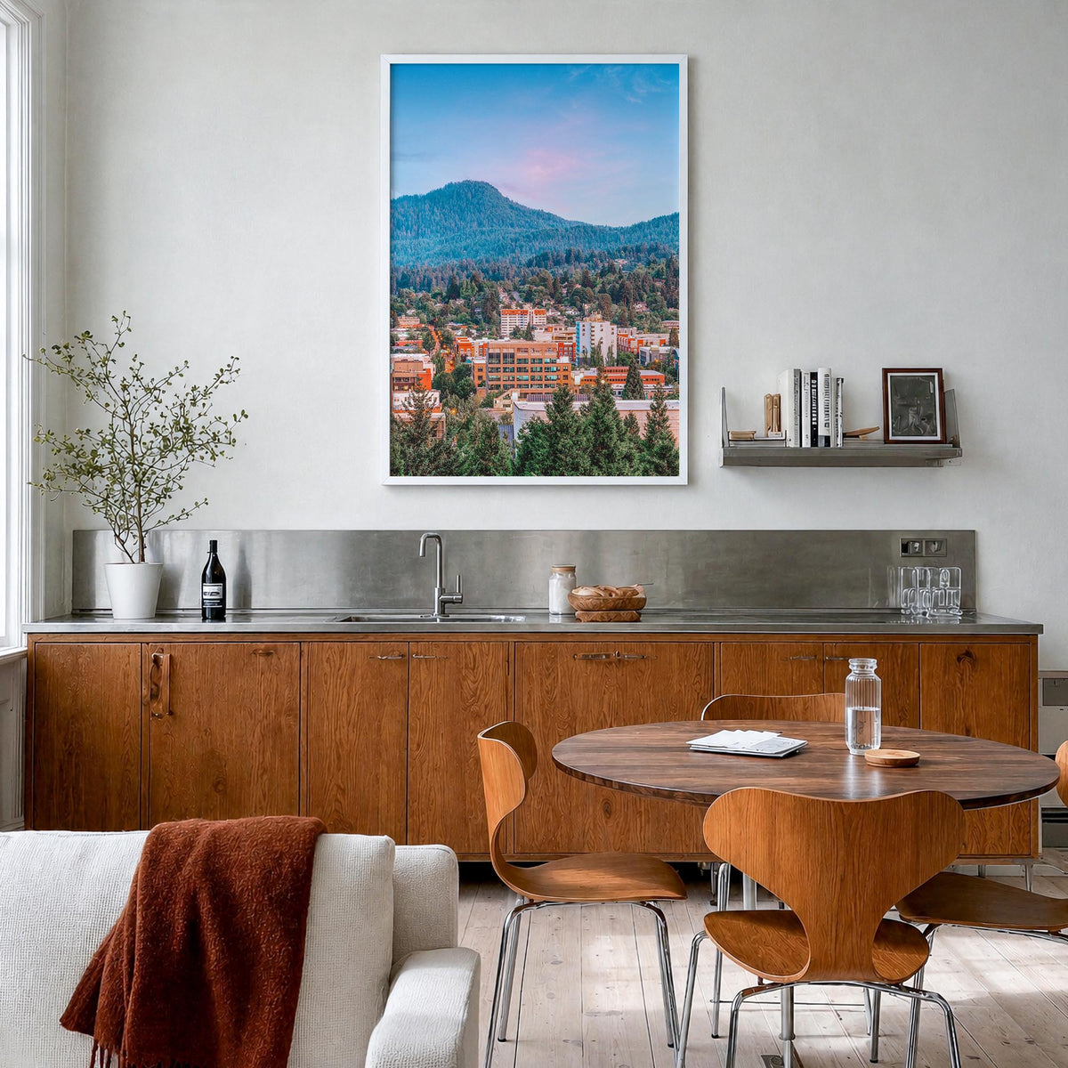 Eugene no. 1 colorful photo poster of Oregon, USA – vertical wall art in white wood frame, hanging on wall