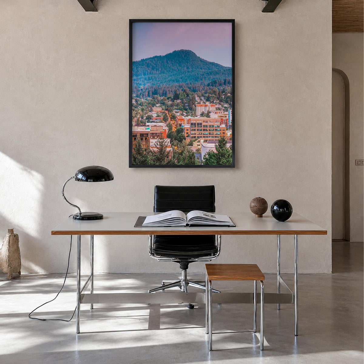 Eugene no. 2 colorful photo poster of Oregon, USA – vertical wall art in black wood frame, hanging on wall