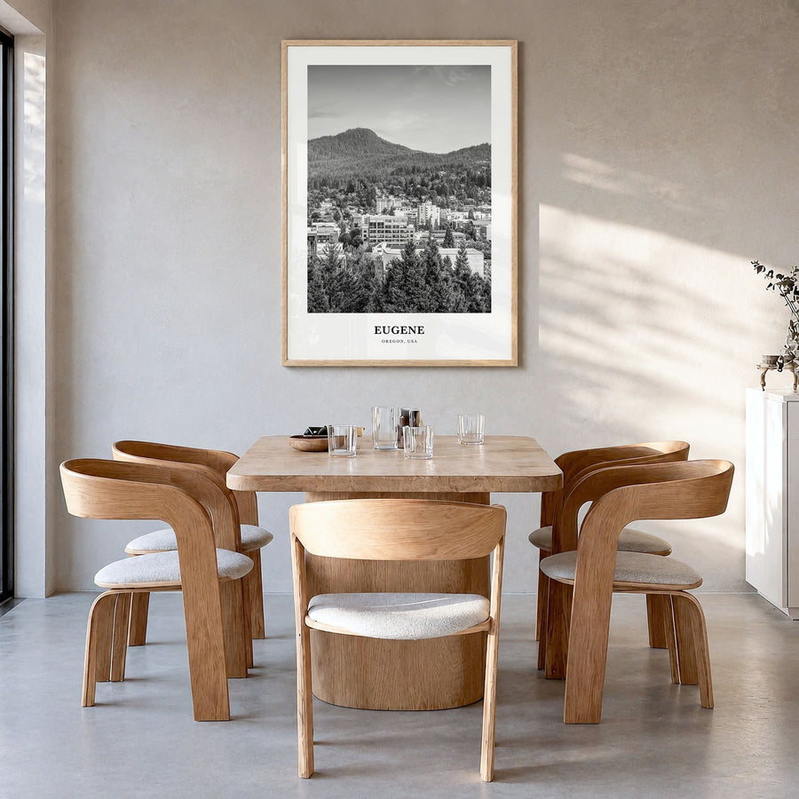 Eugene Classic Poster in a natural wood frame, hanging in a dining room