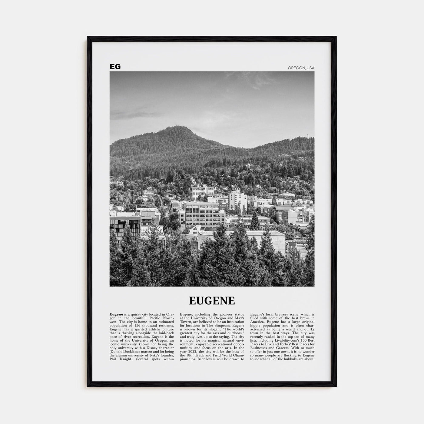 Eugene Poster Black Wood / 8x12 in Nbourhood Travel B&W Poster